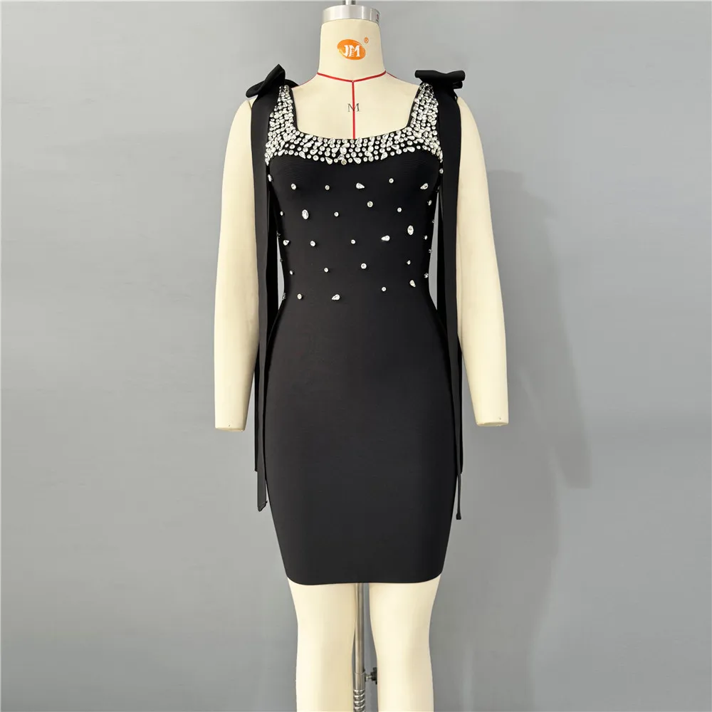 Women Celebrity Sexy Tank Diamonds Summer Black Mini Summer Bodycon Bandage Dress Elegant Evening Club Party Dress - Image 2