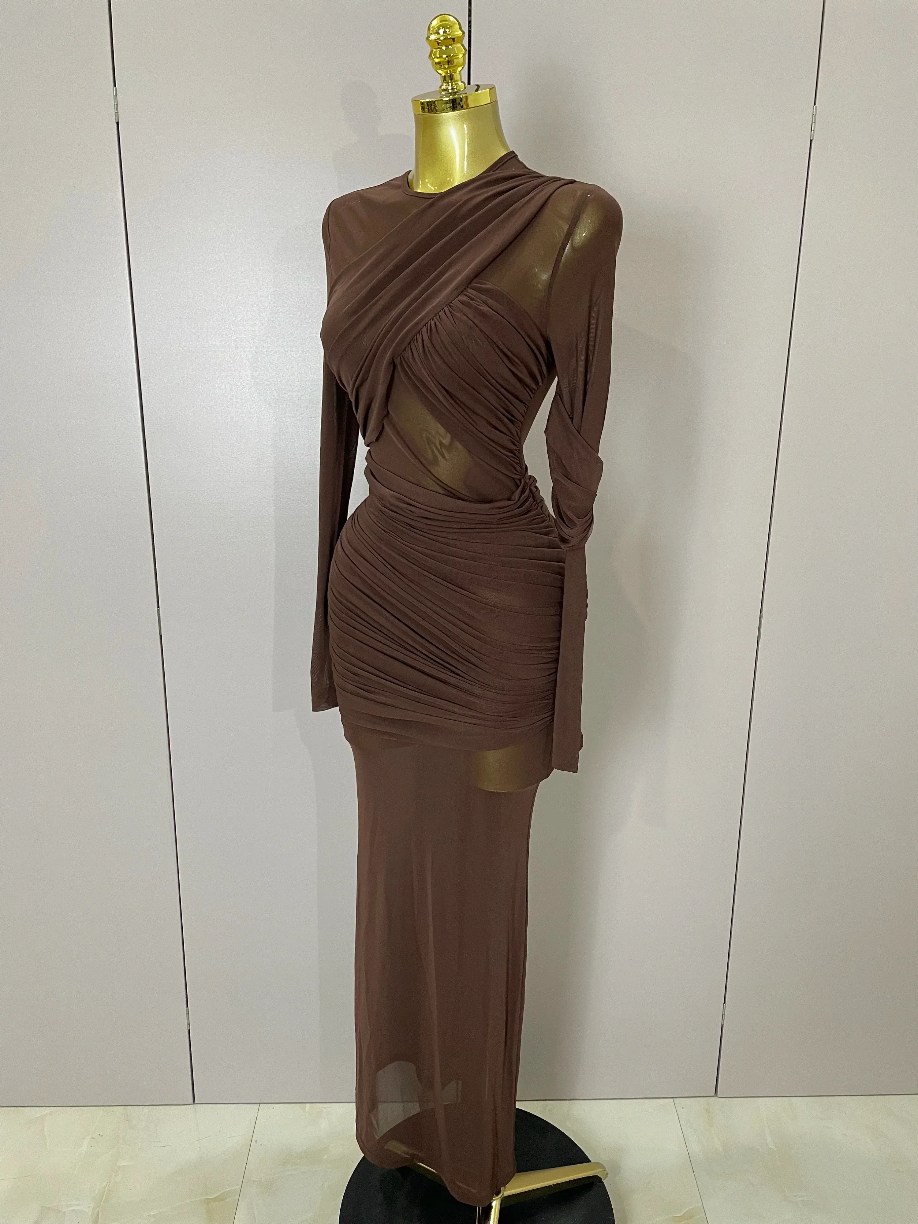 Women Elegant Brown Mesh Fold Long Sleeve Bodycon Dress Evening Party Club Sexy Perspective Fashion Luxury Birthday Dresses - Image 2