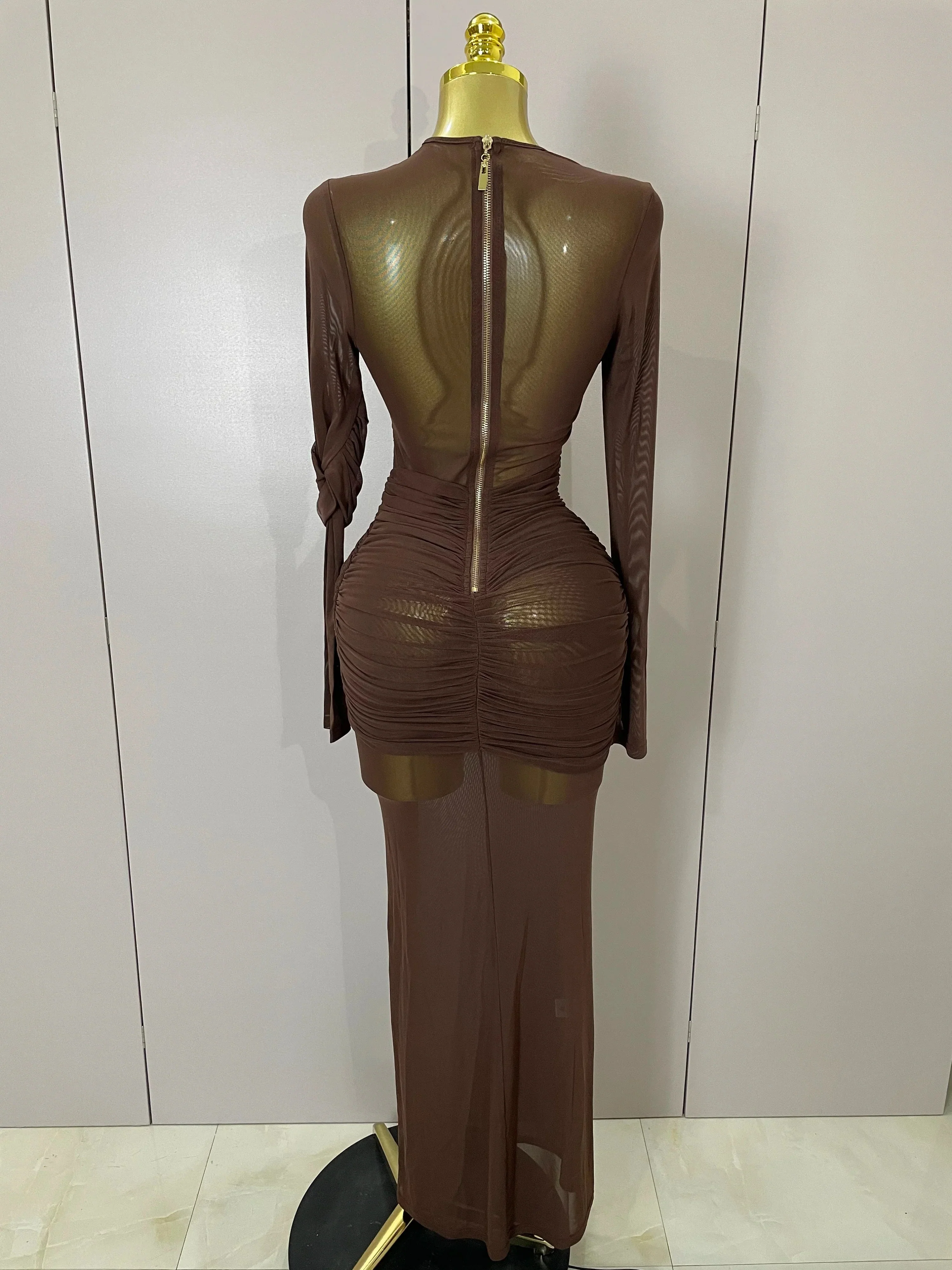 Women Elegant Brown Mesh Fold Long Sleeve Bodycon Dress Evening Party Club Sexy Perspective Fashion Luxury Birthday Dresses - Image 3