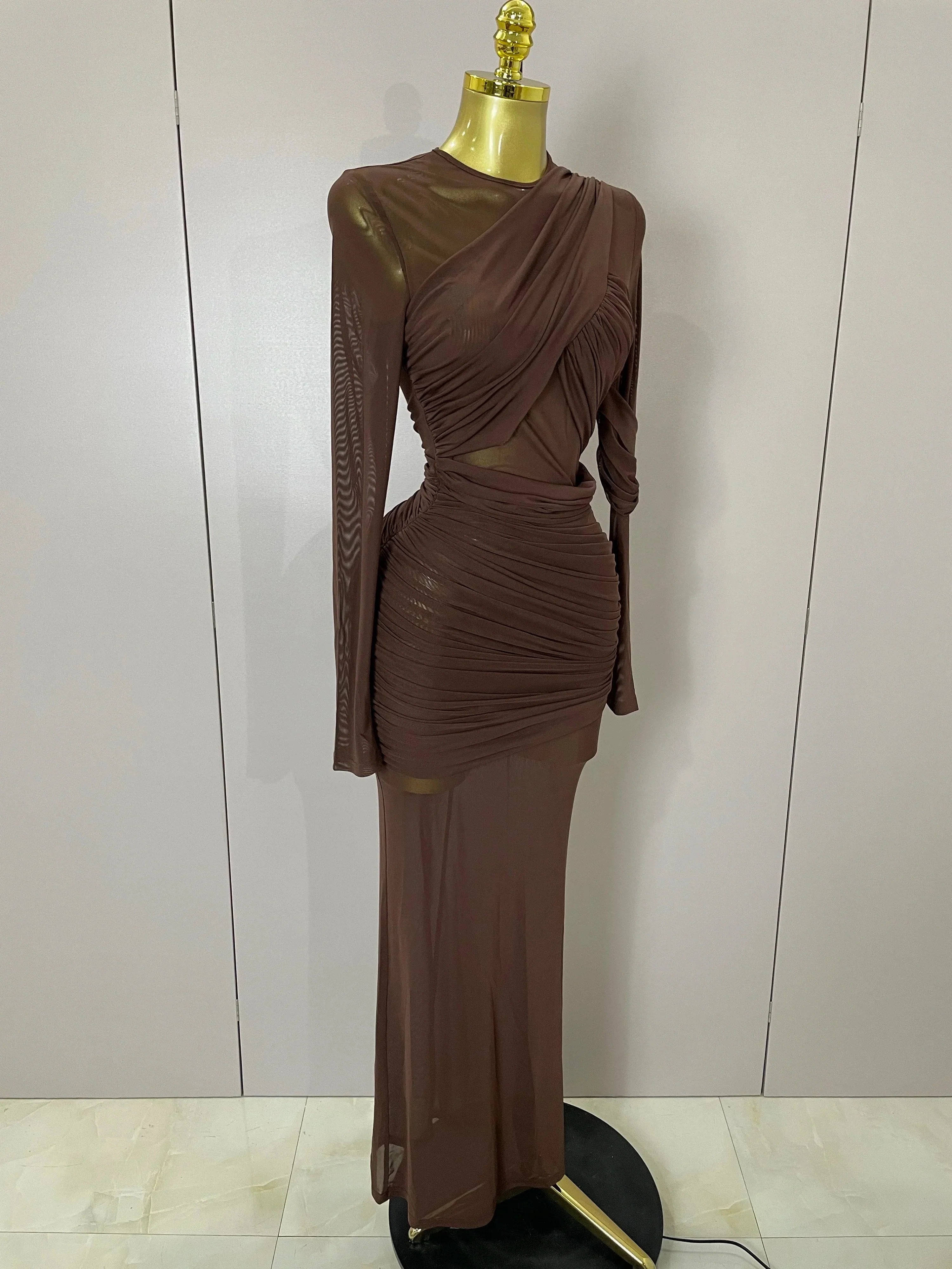 Women Elegant Brown Mesh Fold Long Sleeve Bodycon Dress Evening Party Club Sexy Perspective Fashion Luxury Birthday Dresses - Image 4