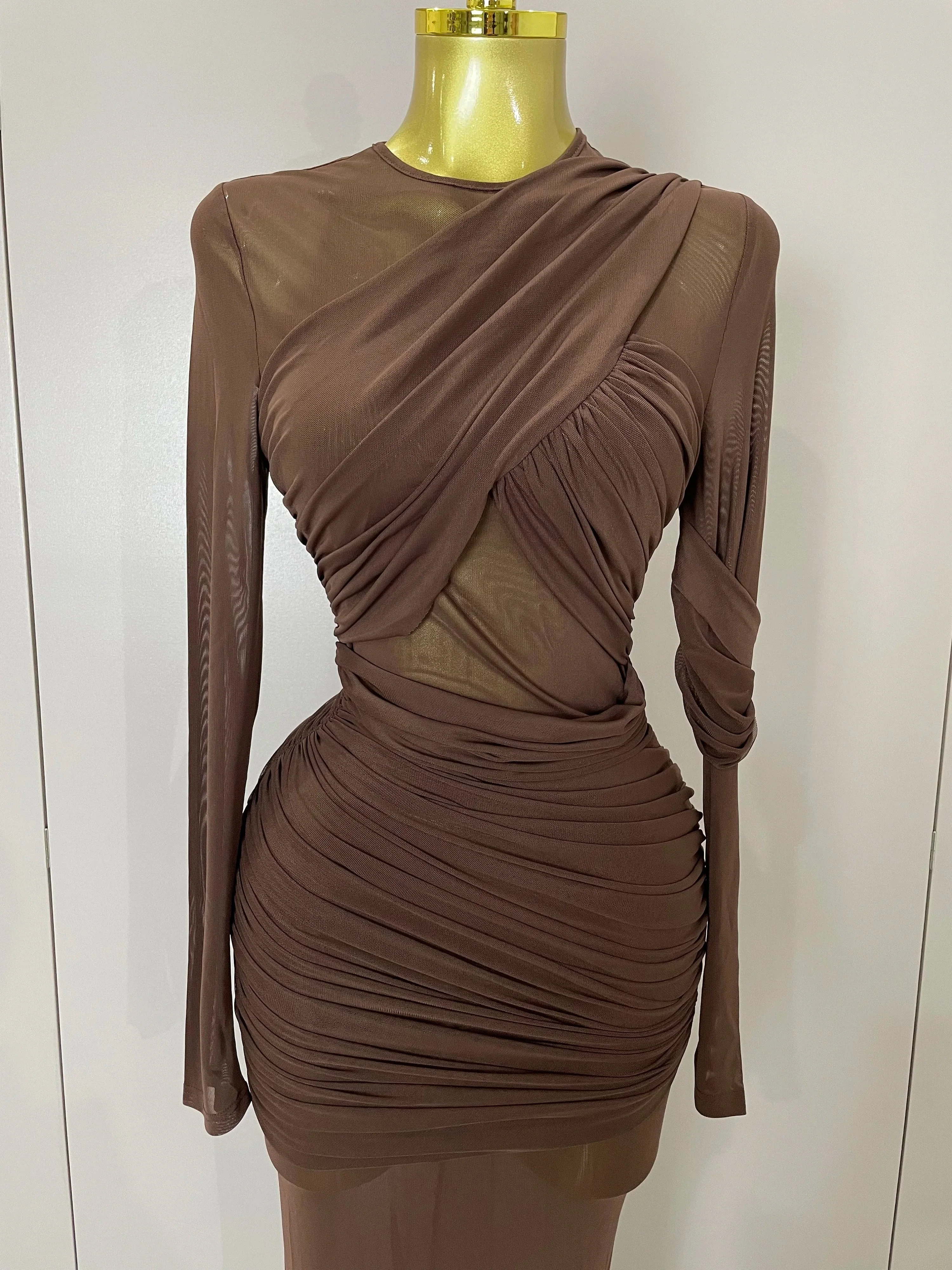 Women Elegant Brown Mesh Fold Long Sleeve Bodycon Dress Evening Party Club Sexy Perspective Fashion Luxury Birthday Dresses - Image 5