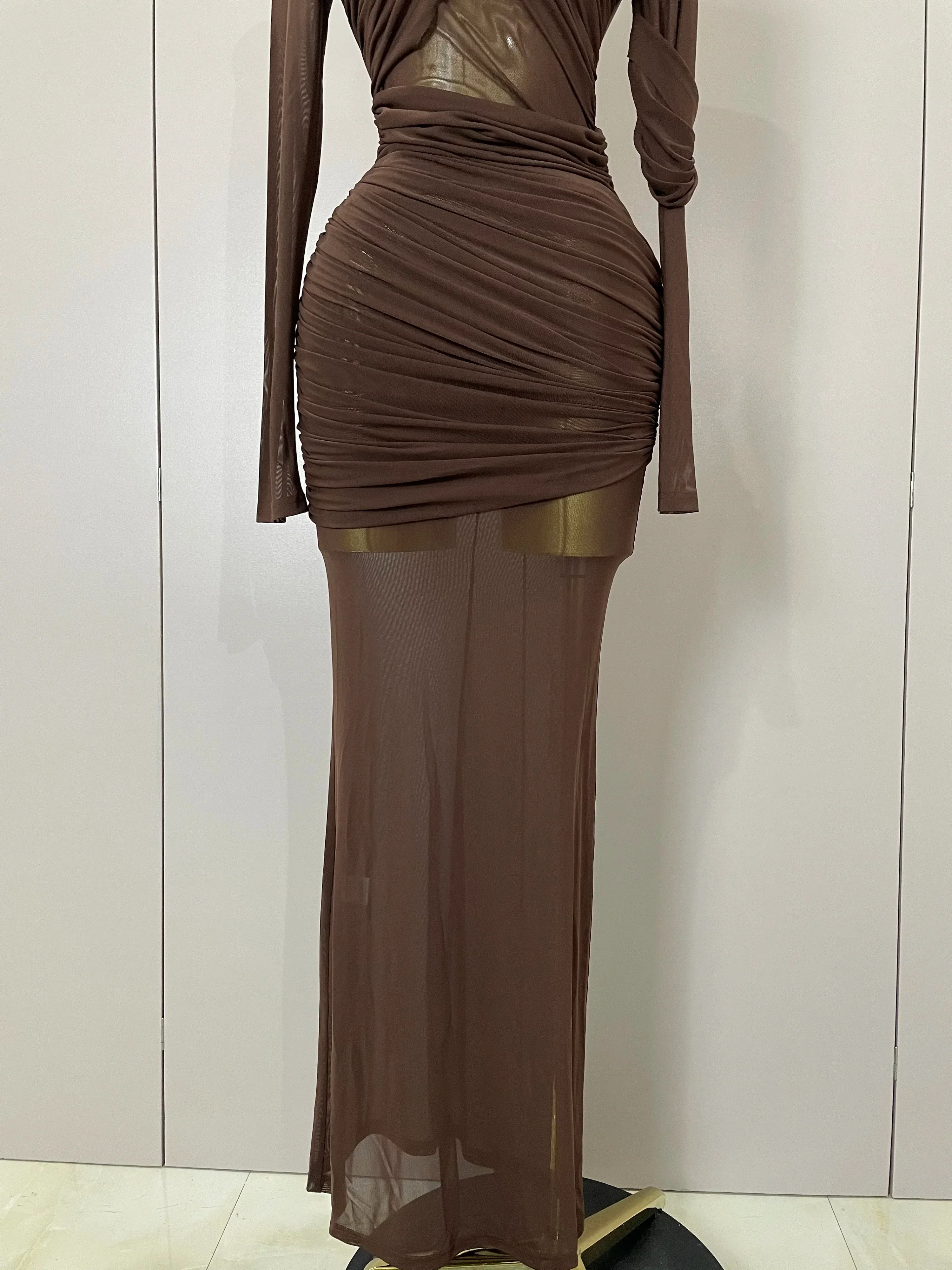 Women Elegant Brown Mesh Fold Long Sleeve Bodycon Dress Evening Party Club Sexy Perspective Fashion Luxury Birthday Dresses - Image 6
