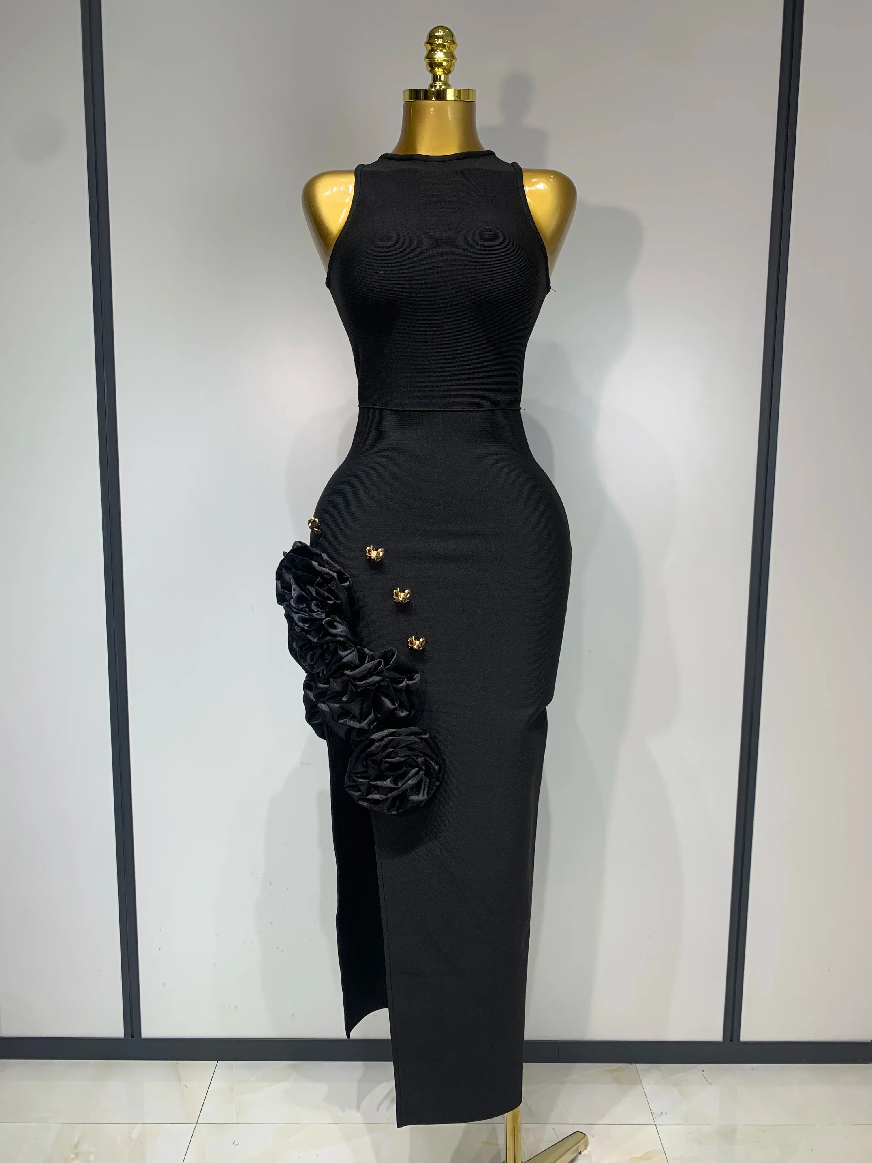 Women Fashion Celebrity Sexy Applique Black Long Bodycon Bandage Dress Elegant Evening Party Club Luxury Birthday Dresses
