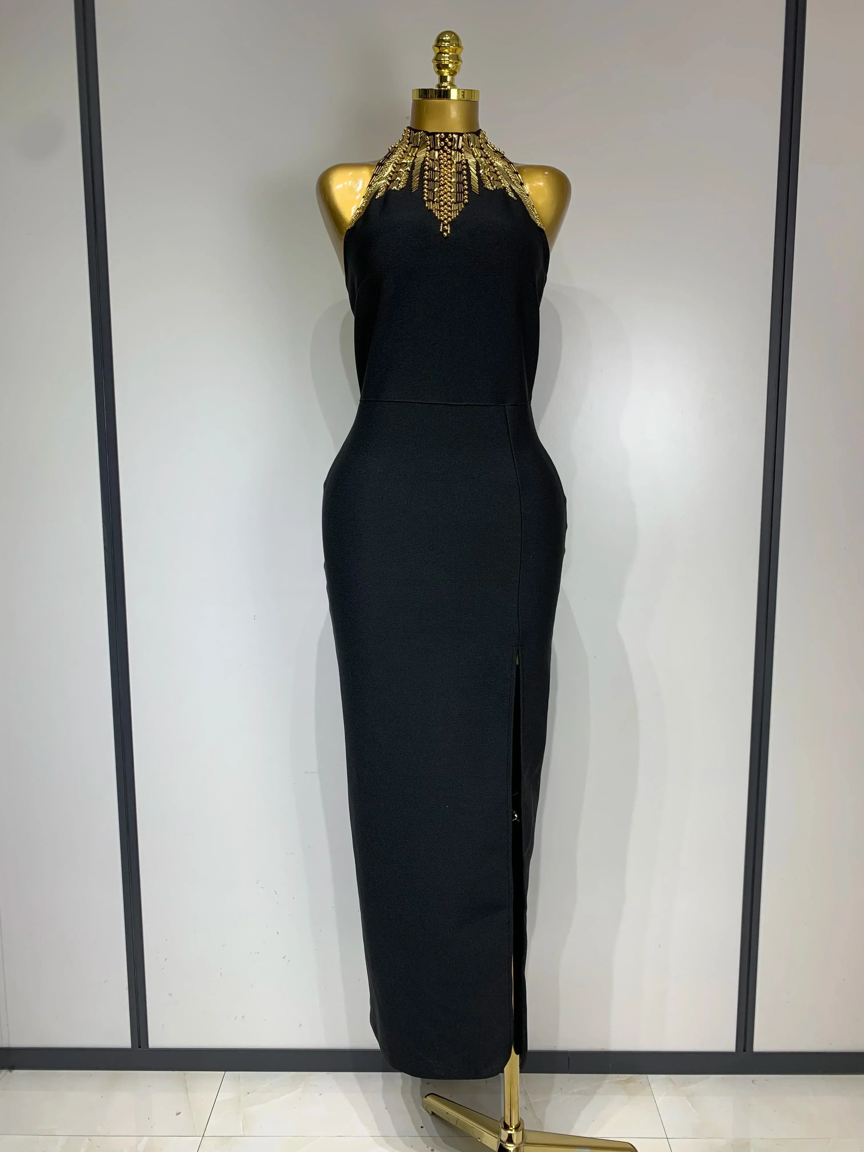 Women Fashion Celebrity Sexy Backless Beading Midi Black Bodycon Bandage Dress Elegant Evening Club Luxury Birthday Dresses