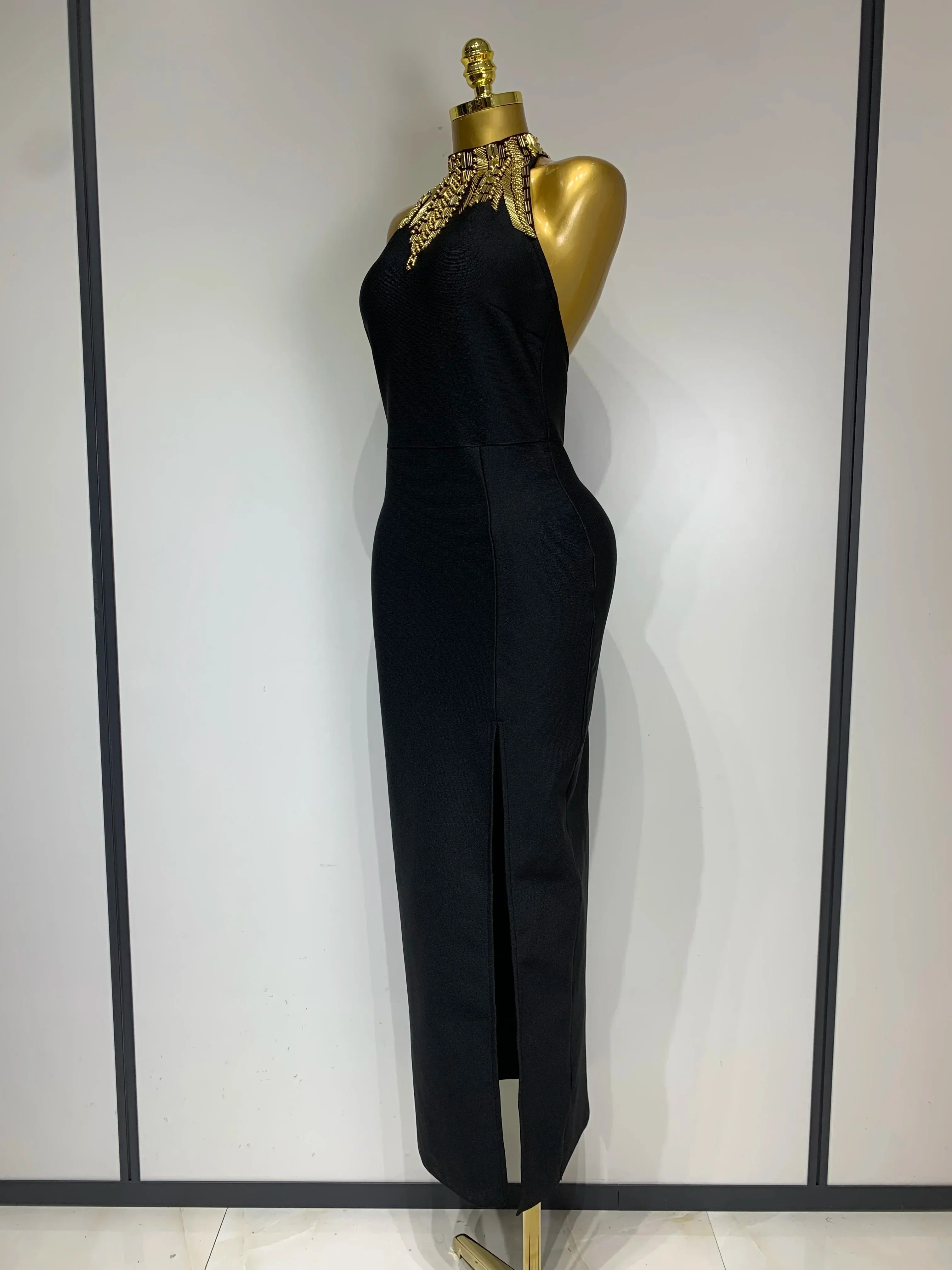 Women Fashion Celebrity Sexy Backless Beading Midi Black Bodycon Bandage Dress Elegant Evening Club Luxury Birthday Dresses - Image 2