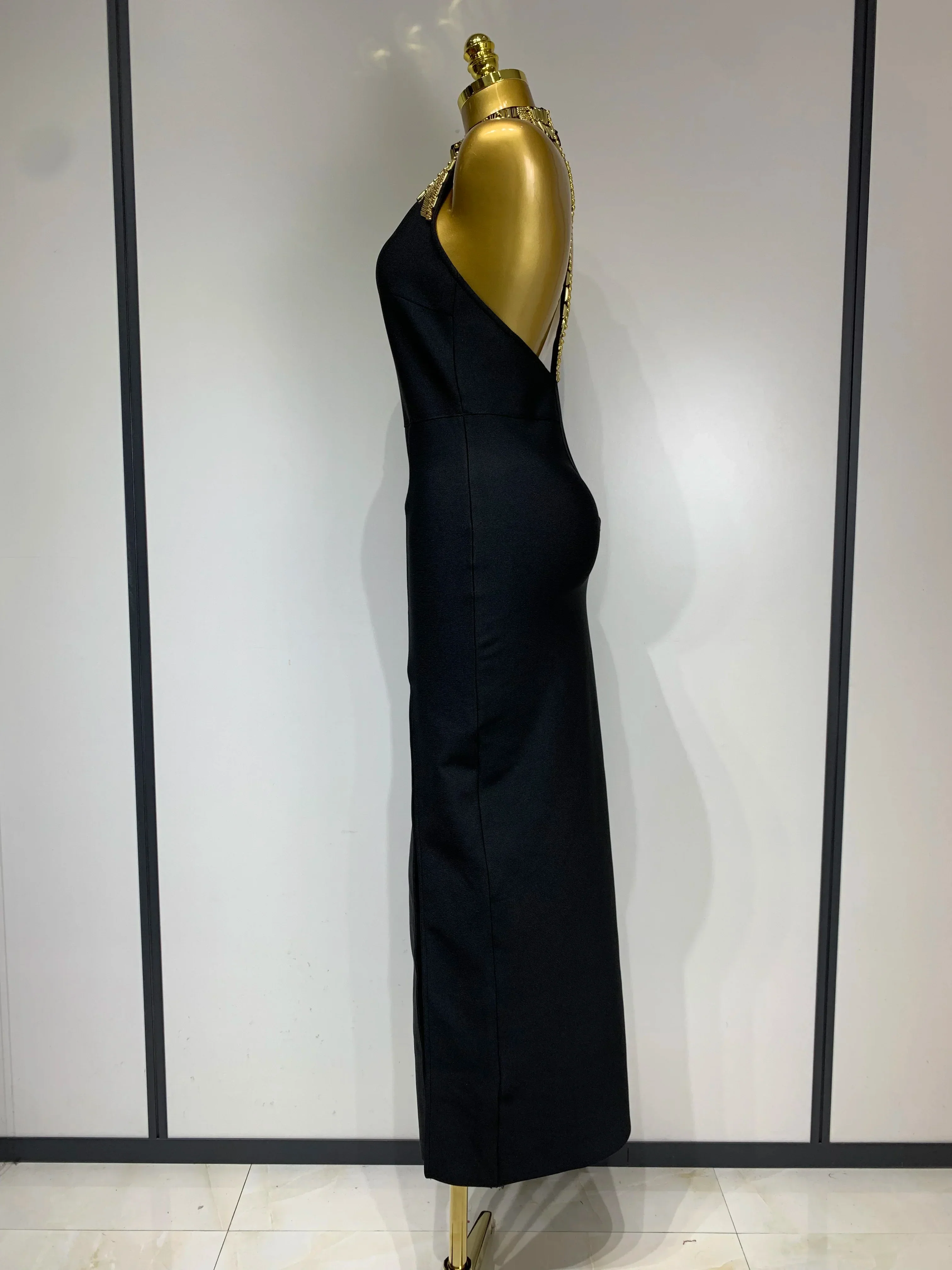 Women Fashion Celebrity Sexy Backless Beading Midi Black Bodycon Bandage Dress Elegant Evening Club Luxury Birthday Dresses - Image 3