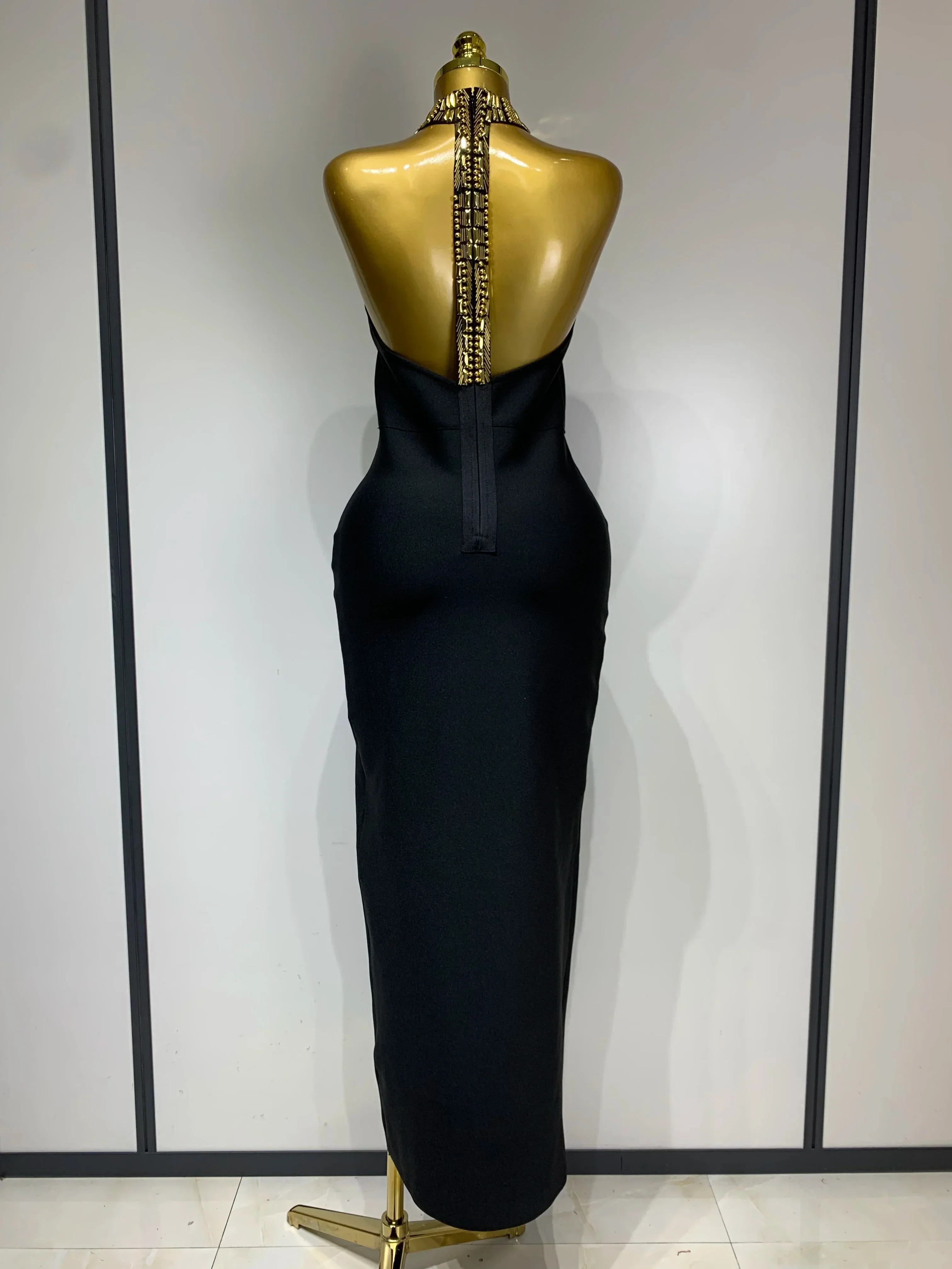Women Fashion Celebrity Sexy Backless Beading Midi Black Bodycon Bandage Dress Elegant Evening Club Luxury Birthday Dresses - Image 4