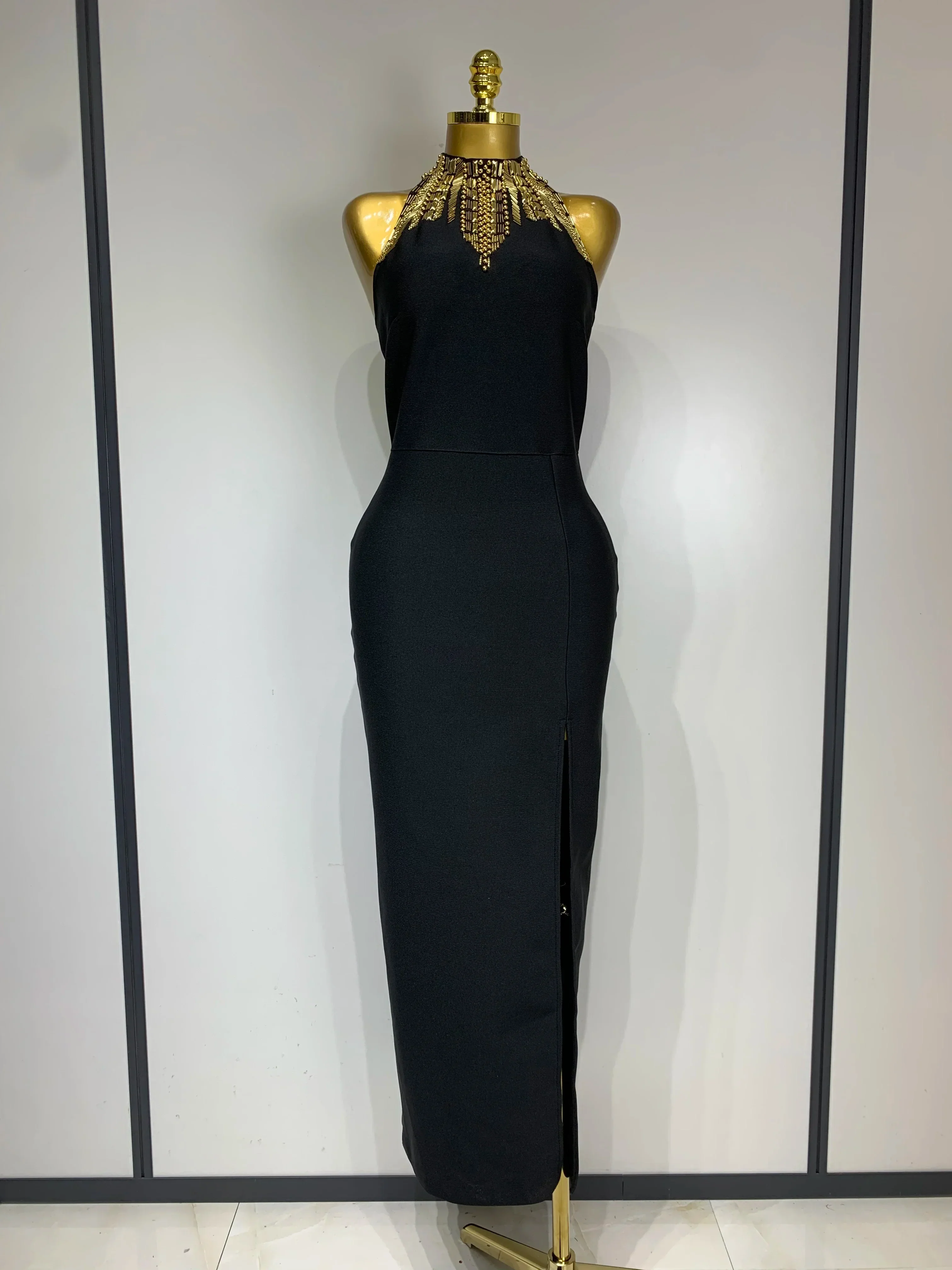Women Fashion Celebrity Sexy Backless Beading Midi Black Bodycon Bandage Dress Elegant Evening Club Luxury Birthday Dresses - Image 7