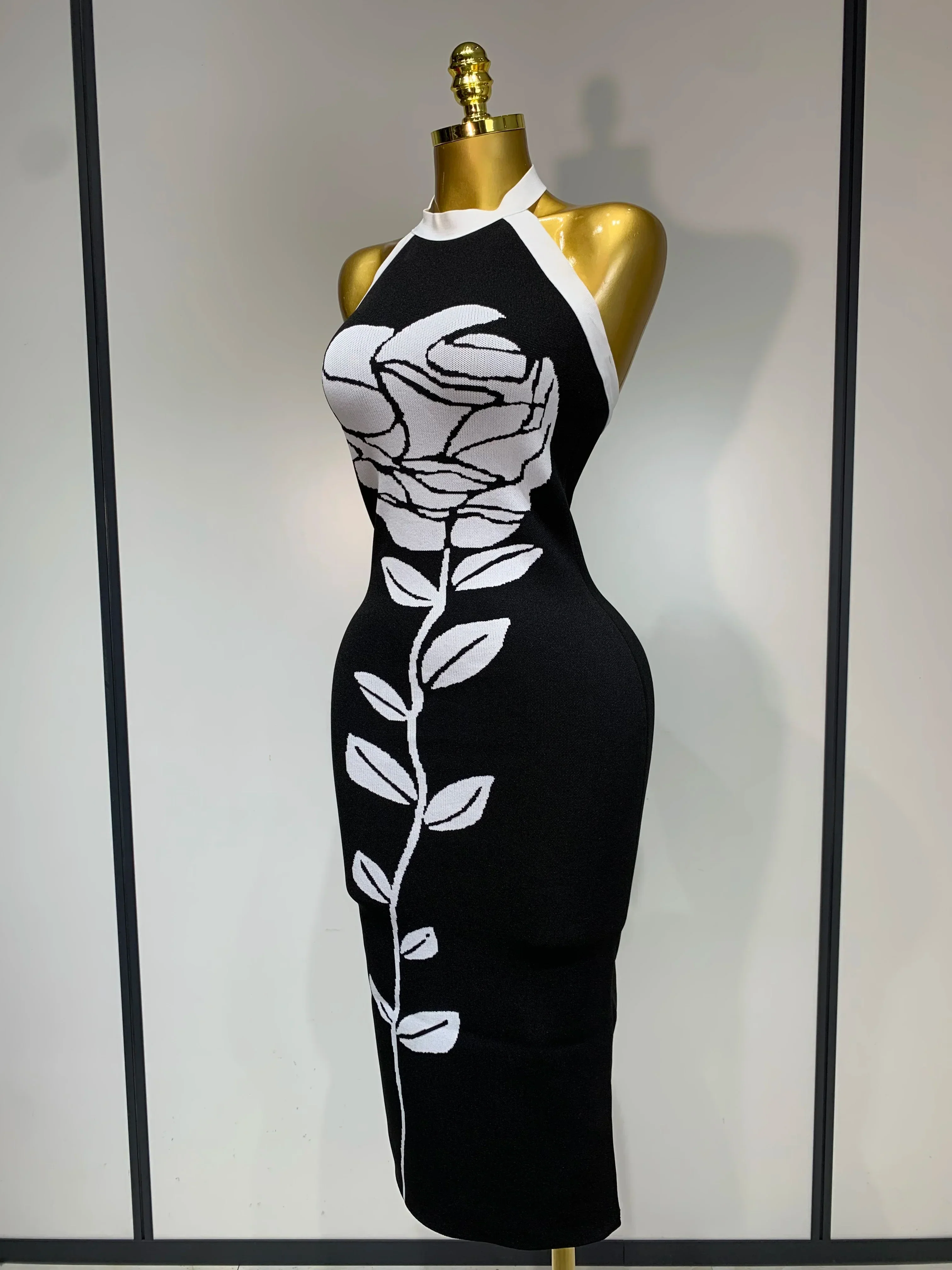 Women Fashion Celebrity Sexy Backless Rose Flower Midi Black Jacquard Bandage Dress  Elegant Evening Club Party Dresses - Image 2