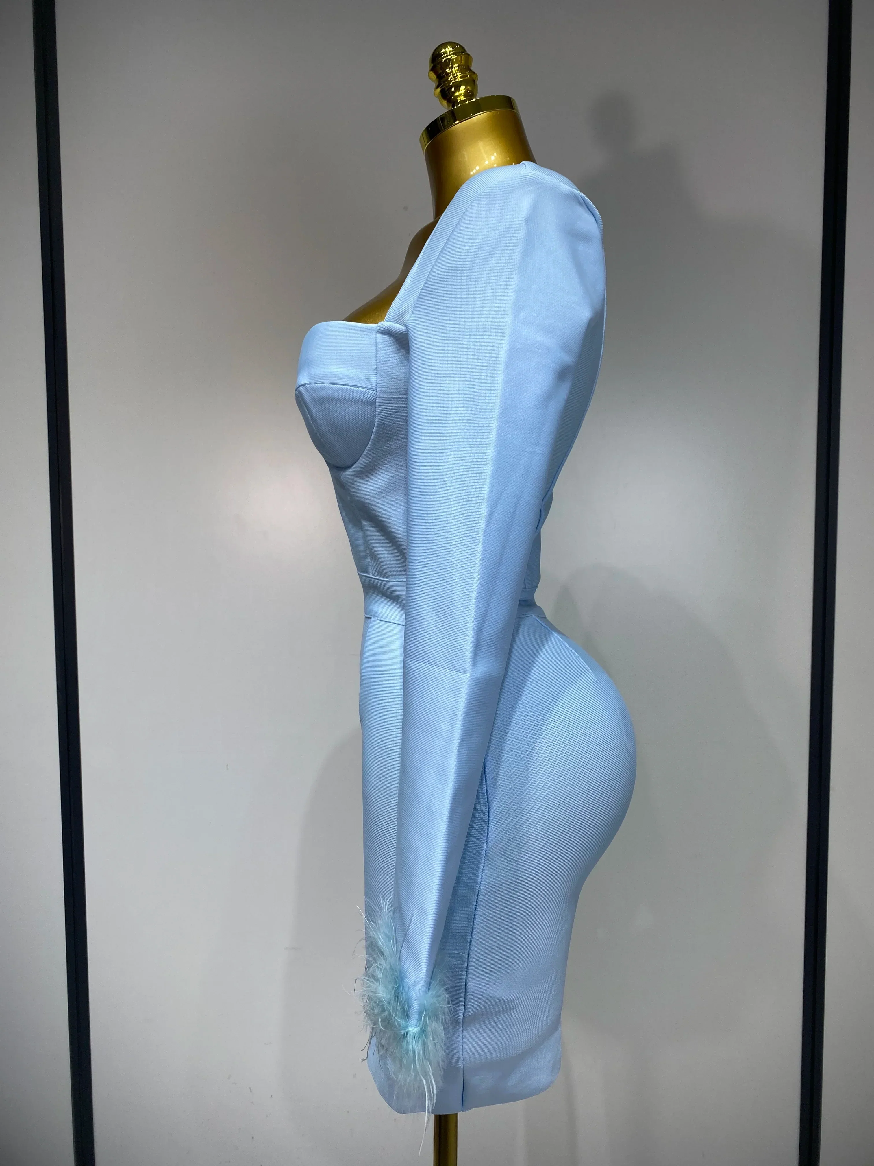 Women Fashion Sexy Long Sleeve Feathers Mini Bodycon Bandage Dress Elegant Evening Party Club Luxury Birthday Dresses - Image 3