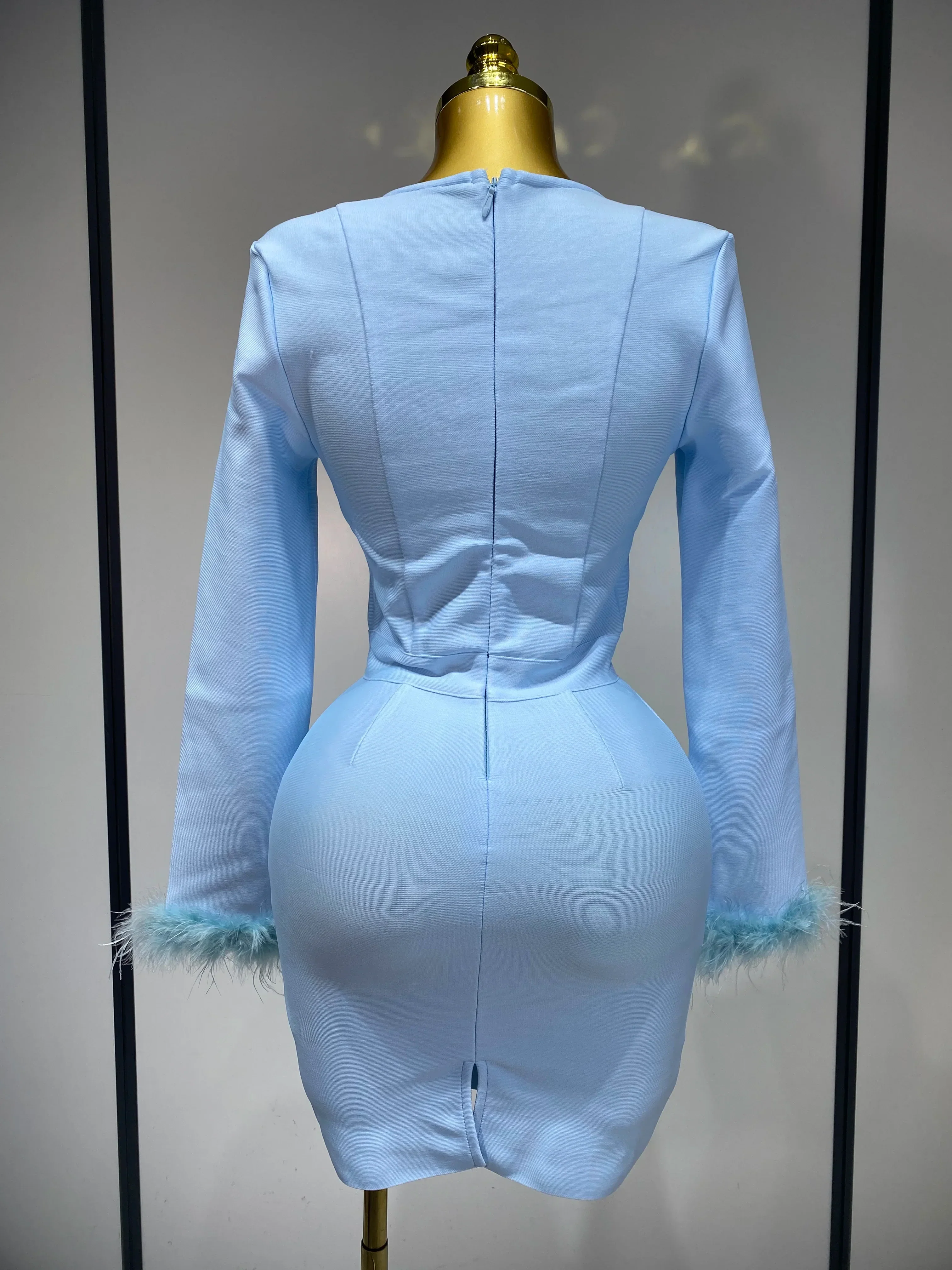 Women Fashion Sexy Long Sleeve Feathers Mini Bodycon Bandage Dress Elegant Evening Party Club Luxury Birthday Dresses - Image 4