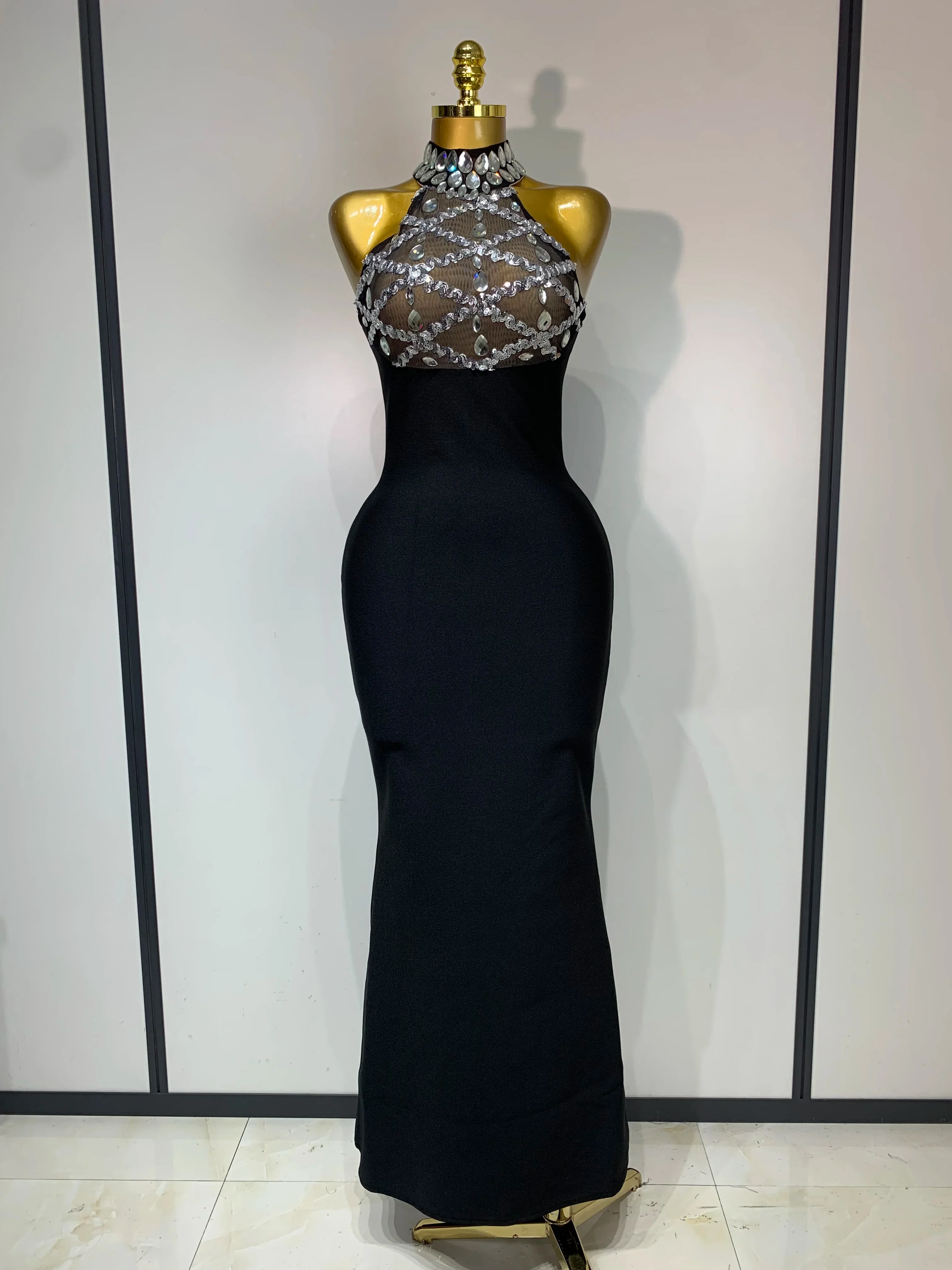 Women Fashion Sexy Sleeveless Mesh Patchwork Bandage Dress Celebrity Elegant Party Evening Birthday Dress Streetwear