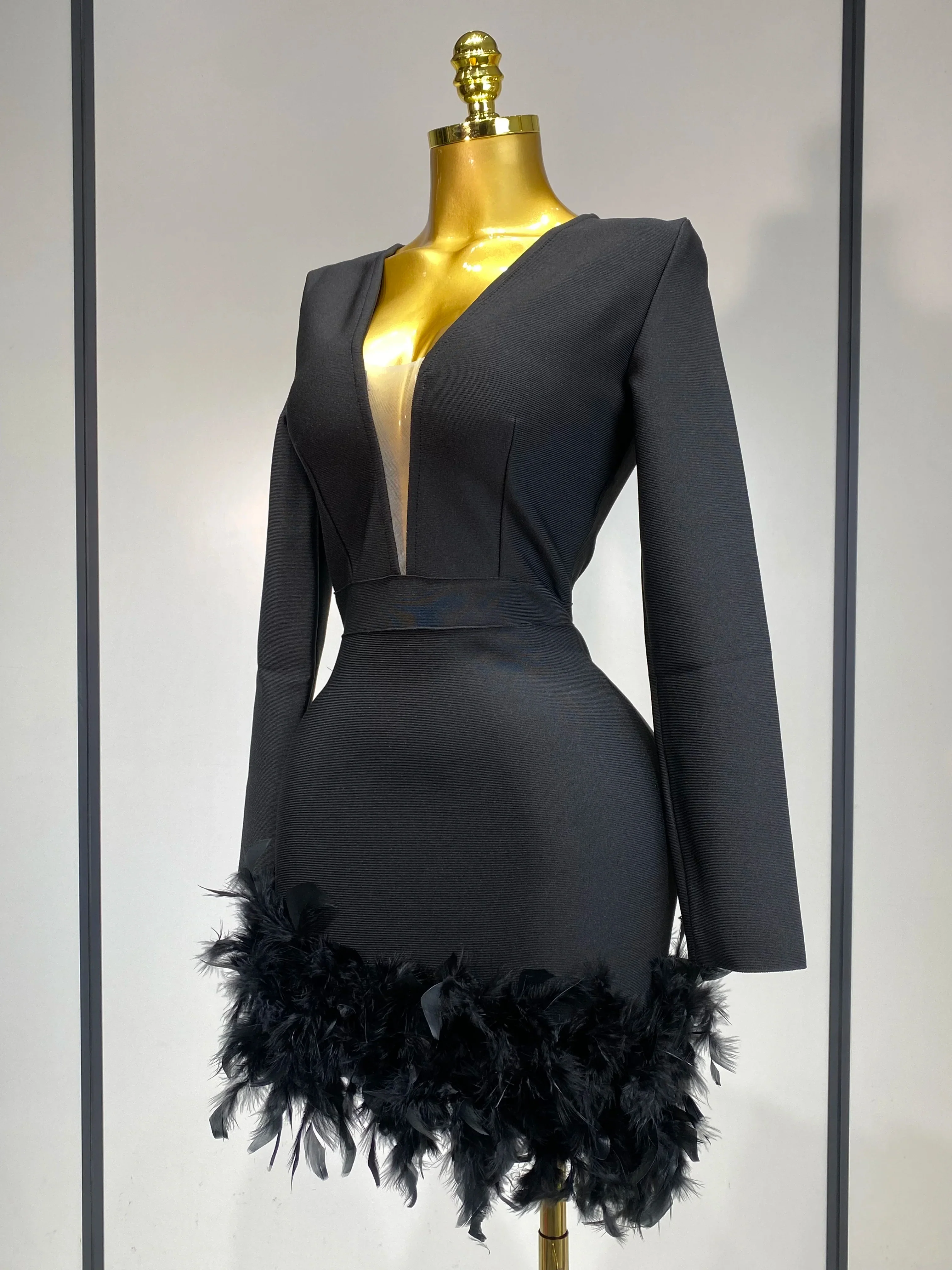 Women Fashion Sexy V Neck Long Sleeve Black Feather Mini Bodycon Bandage Dress Elegant Evening Club Birthday Party Dress - Image 2