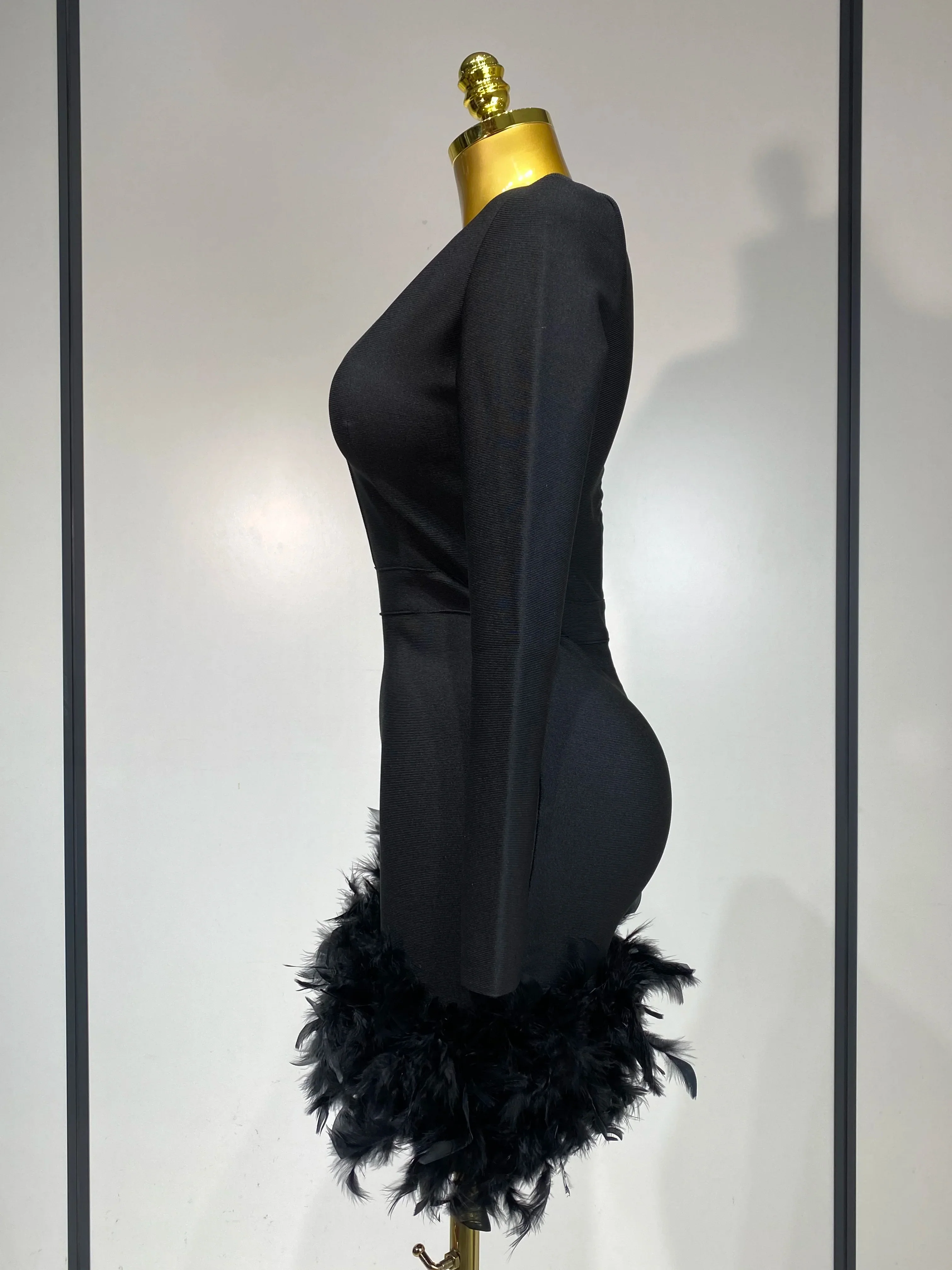 Women Fashion Sexy V Neck Long Sleeve Black Feather Mini Bodycon Bandage Dress Elegant Evening Club Birthday Party Dress - Image 3