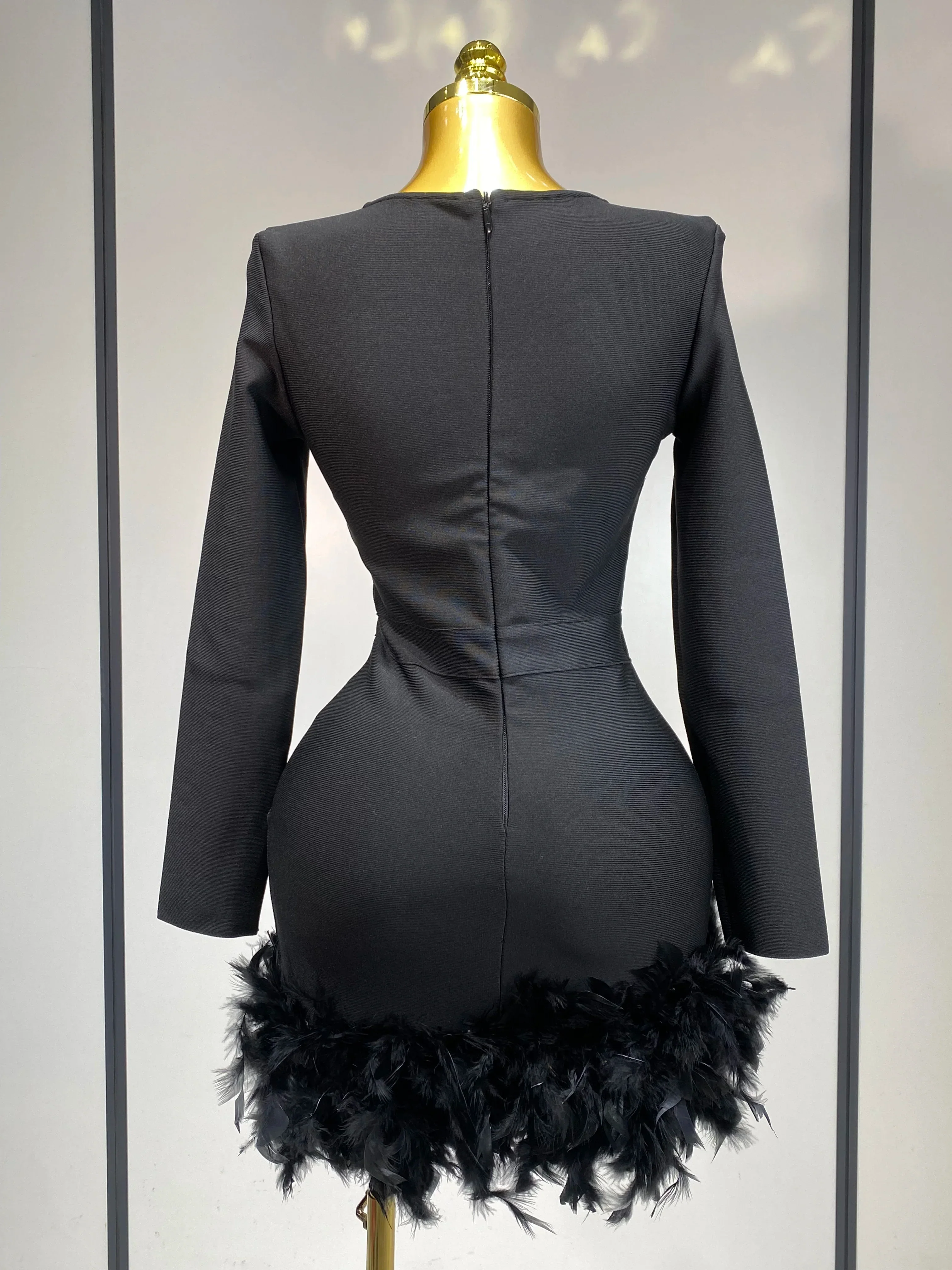 Women Fashion Sexy V Neck Long Sleeve Black Feather Mini Bodycon Bandage Dress Elegant Evening Club Birthday Party Dress - Image 4