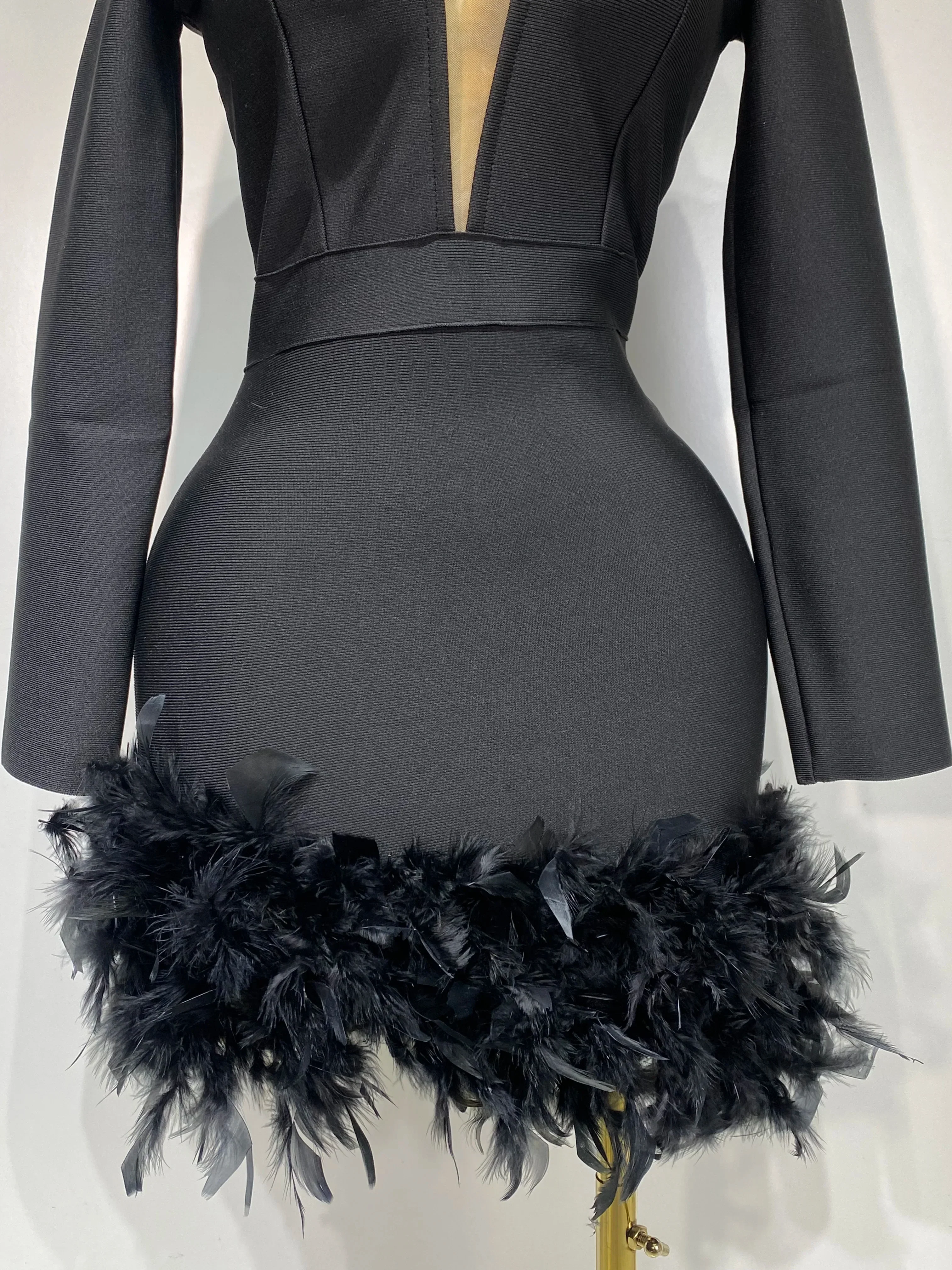 Women Fashion Sexy V Neck Long Sleeve Black Feather Mini Bodycon Bandage Dress Elegant Evening Club Birthday Party Dress - Image 6