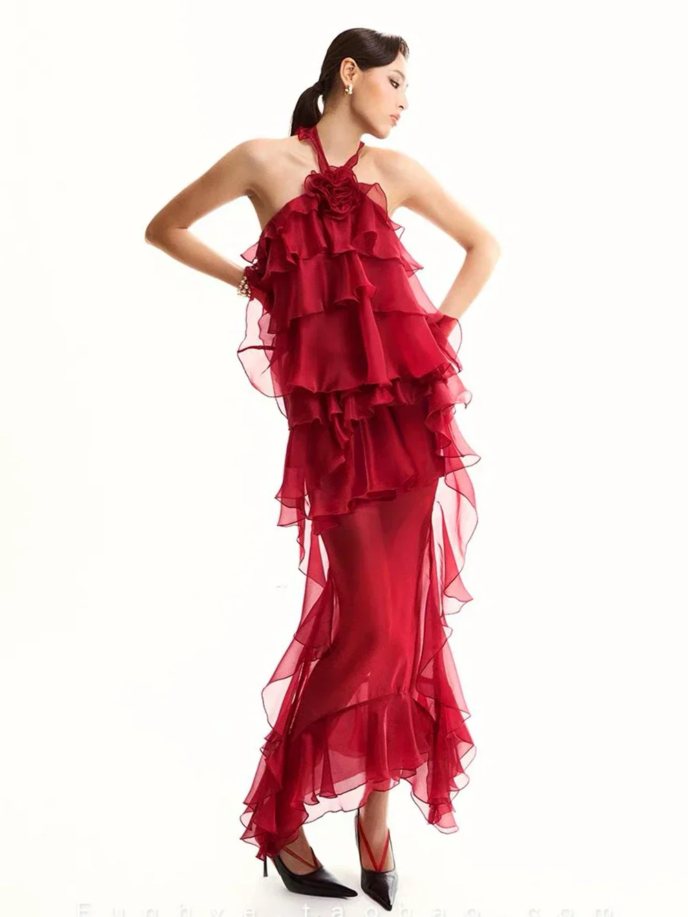 Women Gauze Perspective Irregular Elegant Long Party Dress Ruffles Sleeveless Fashion Tide Summer 2025 - Image 2