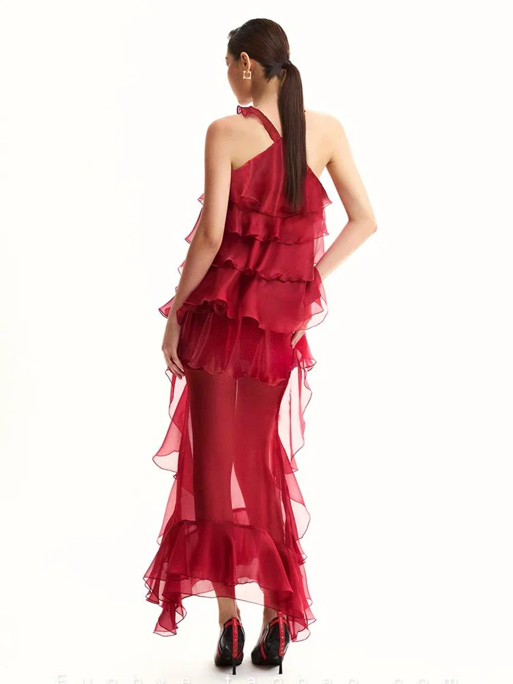 Women Gauze Perspective Irregular Elegant Long Party Dress Ruffles Sleeveless Fashion Tide Summer 2025 - Image 3