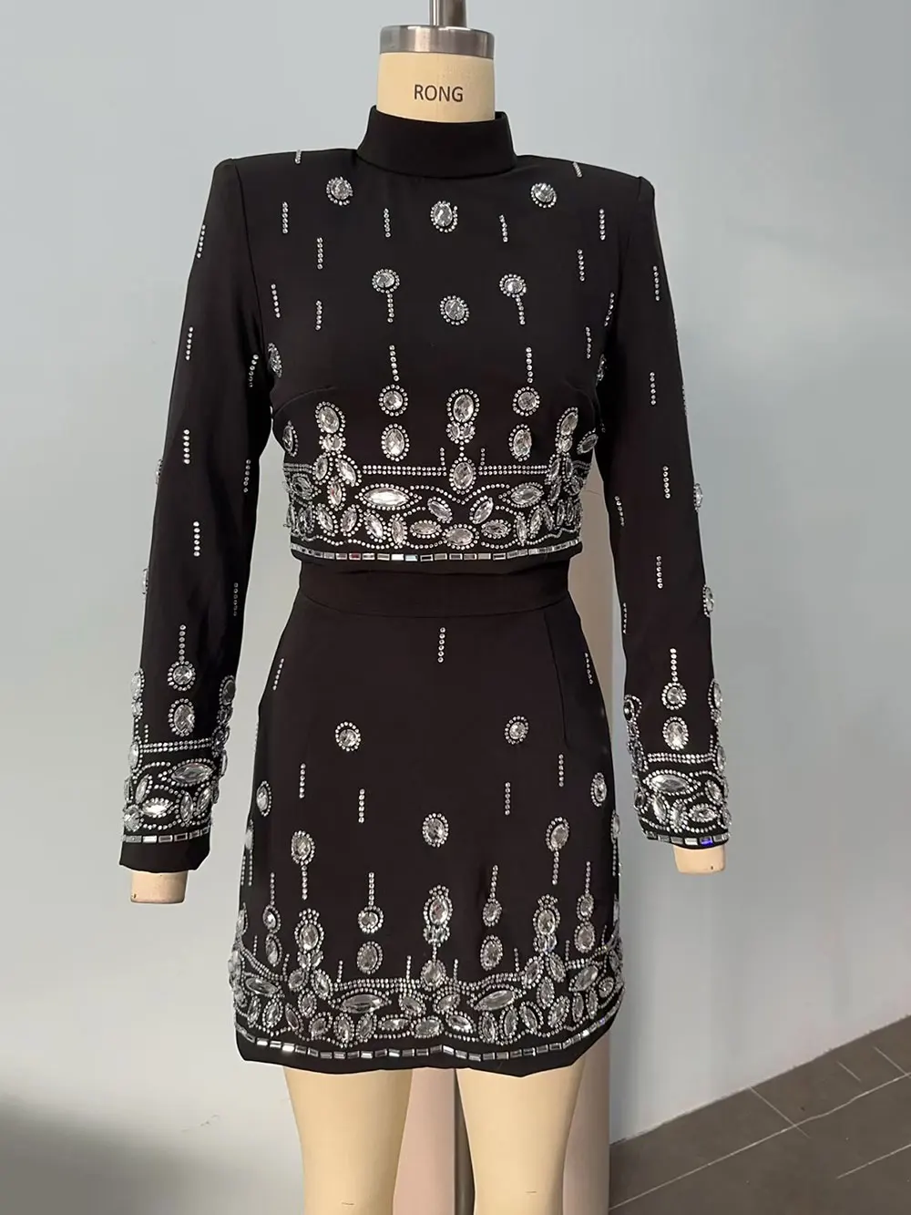Women Heavy Industry Hot diamond Suit Short Skirt Set with Stand Collar Long Sleeve Hoodie Short Top+Mini Skirt Two Piece Set - Image 7