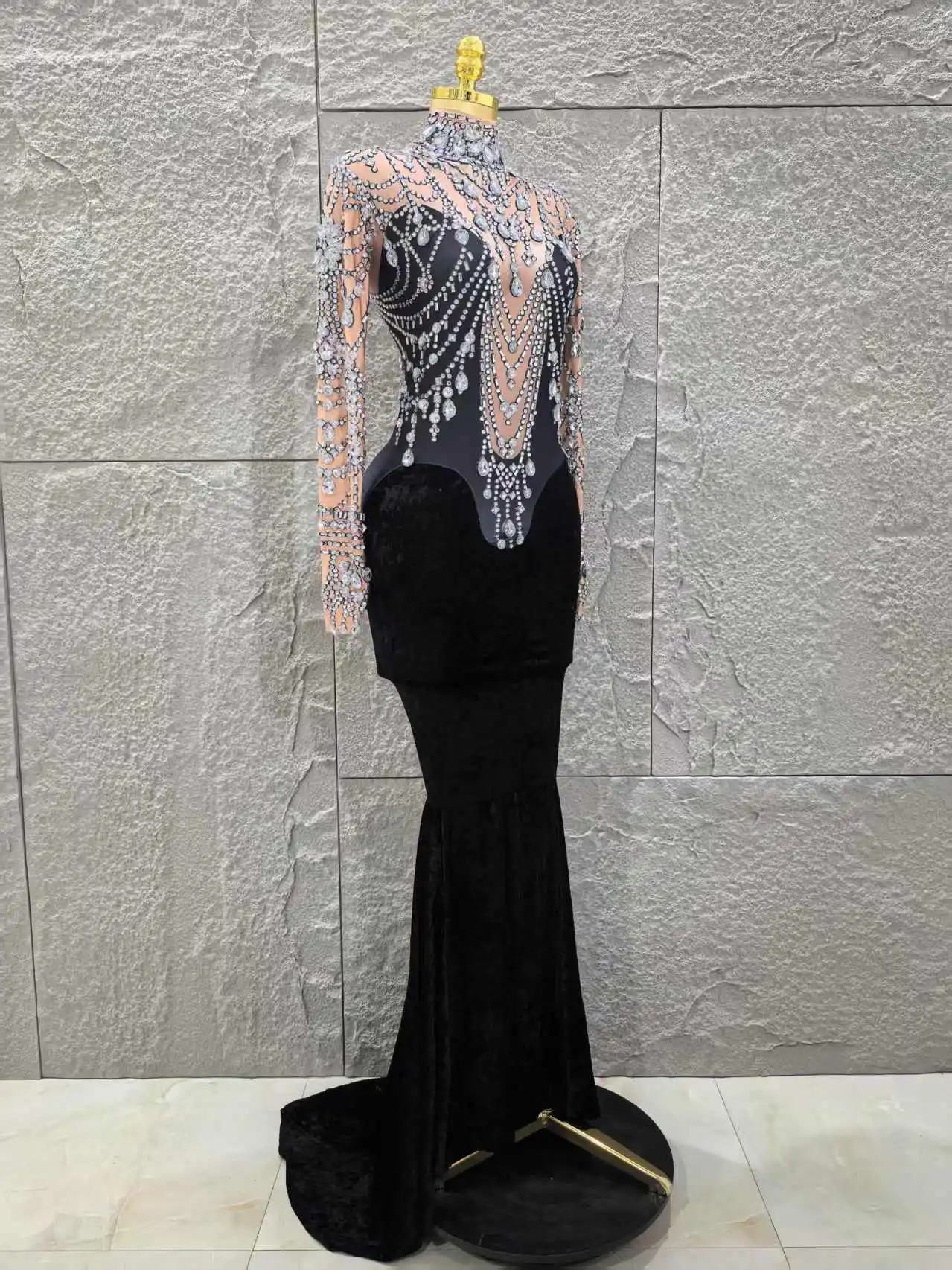 Women Long Sleeve Sexy Shinning Crystal Velvet Bodycon Floor-length Dress Celebrate Evening Party Birthday Cocktail Dress - Image 5