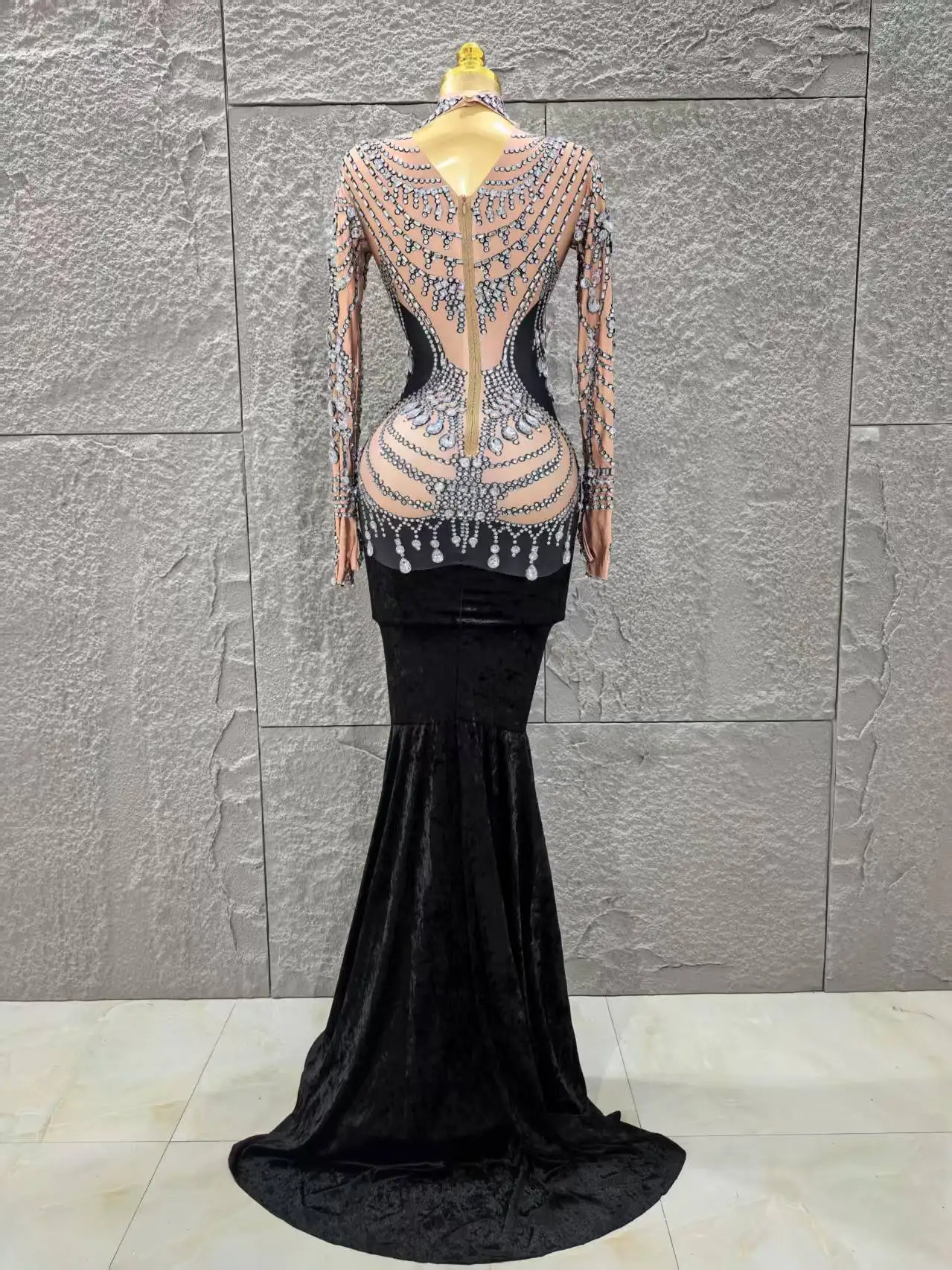 Women Long Sleeve Sexy Shinning Crystal Velvet Bodycon Floor-length Dress Celebrate Evening Party Birthday Cocktail Dress - Image 6