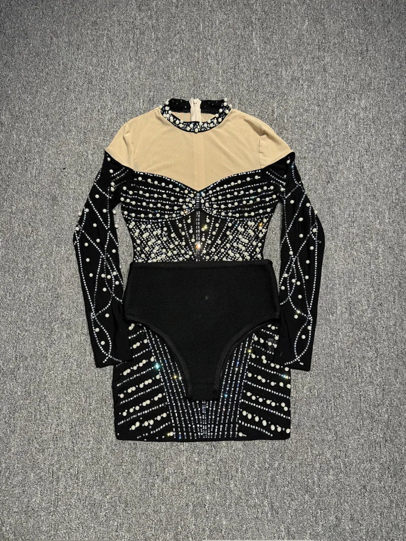 Women Long Sleeve Sexy Shinning Rhienstones Bodycon Mini Bandage Dress Nightclub Party Club Singer Celebrate Performance Costume - Image 3