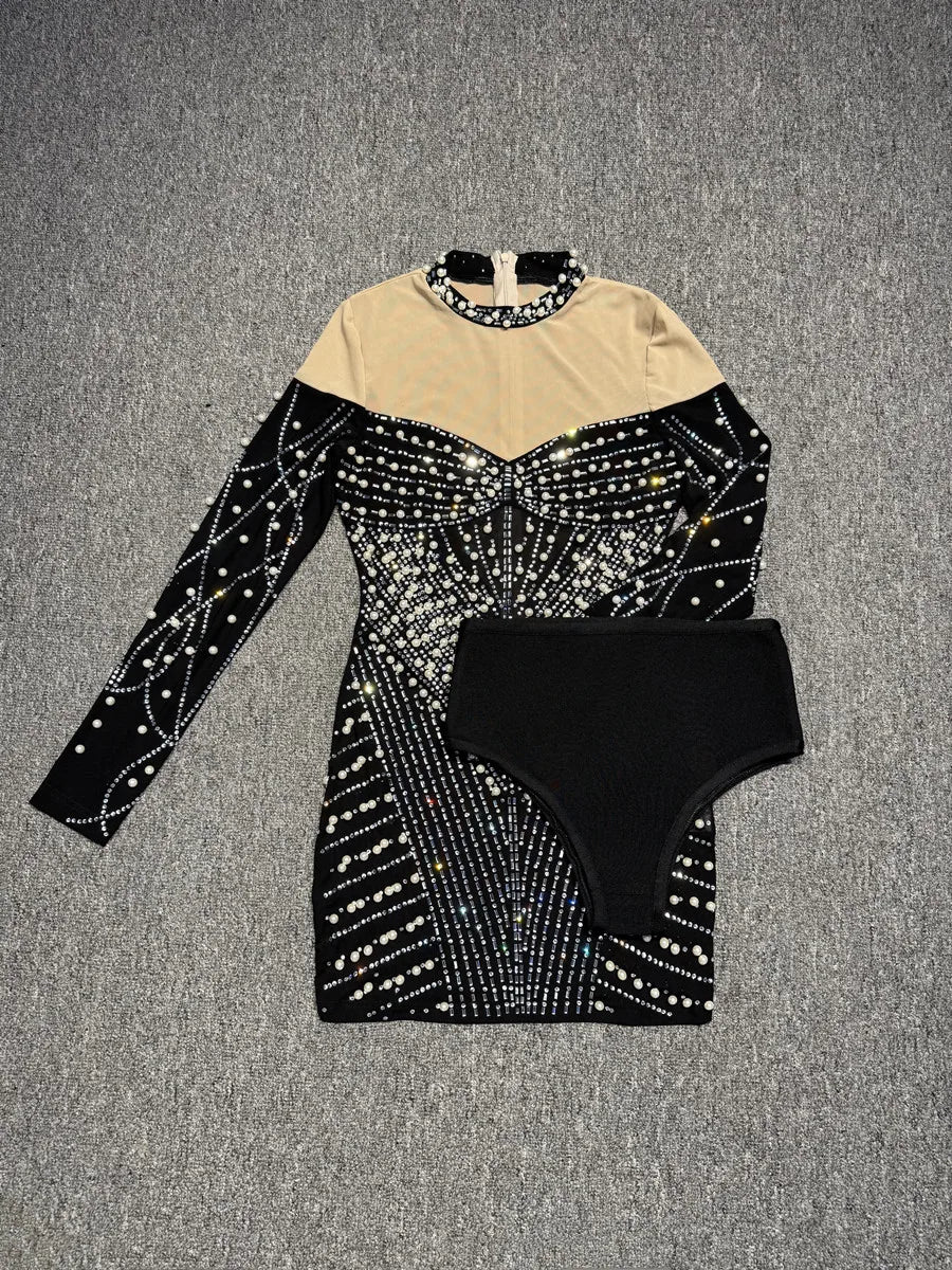 Women Long Sleeve Sexy Shinning Rhienstones Bodycon Mini Bandage Dress Nightclub Party Club Singer Celebrate Performance Costume - Image 4