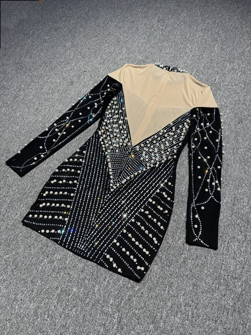 Women Long Sleeve Sexy Shinning Rhienstones Bodycon Mini Bandage Dress Nightclub Party Club Singer Celebrate Performance Costume - Image 5