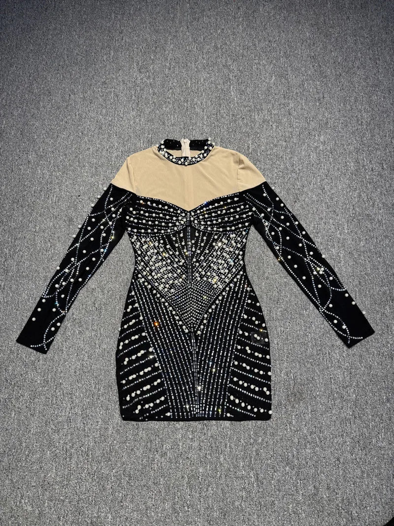 Women Long Sleeve Sexy Shinning Rhienstones Bodycon Mini Bandage Dress Nightclub Party Club Singer Celebrate Performance Costume - Image 6