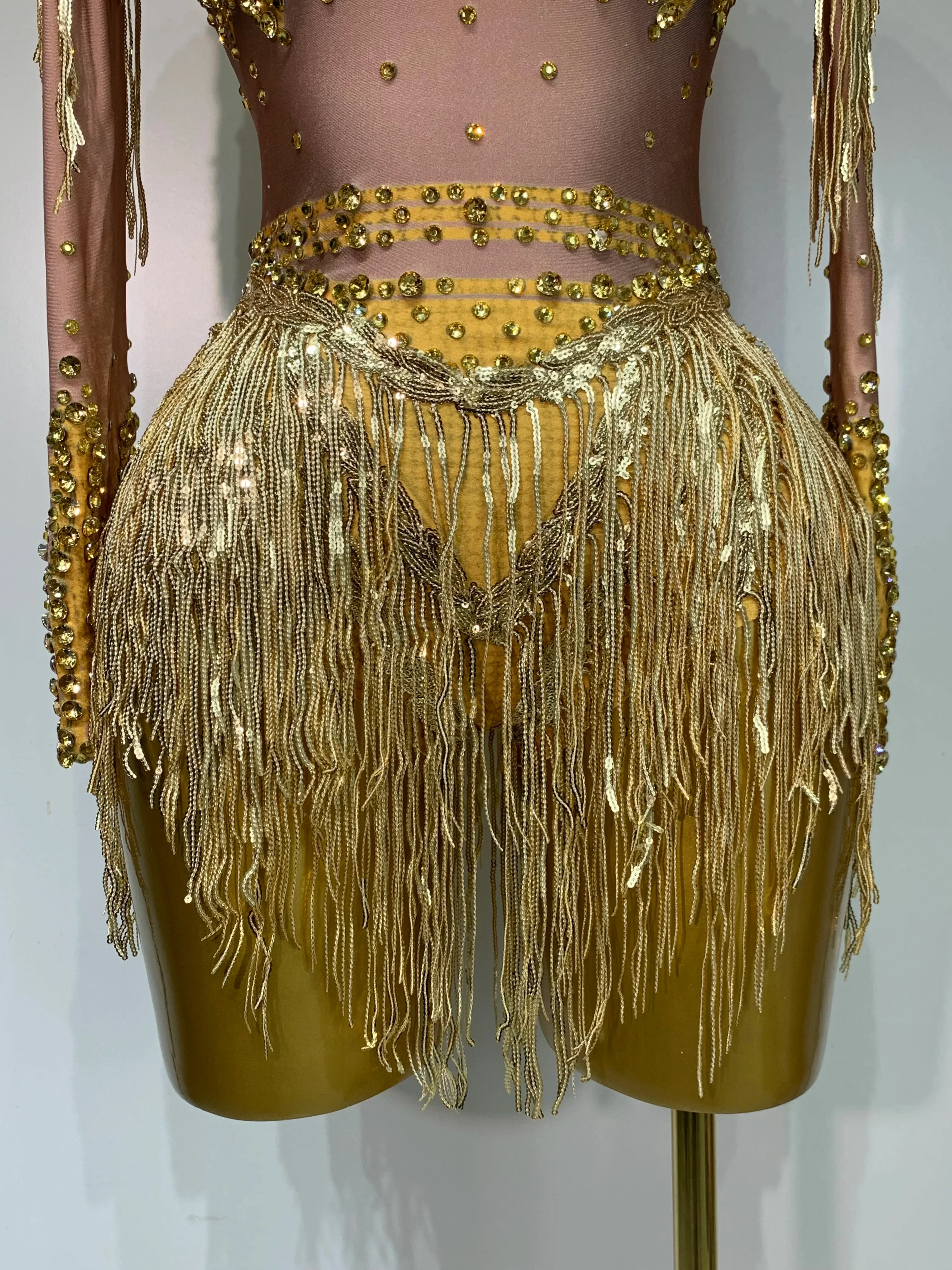 Women Long Sleeve Sexy Shinning Tassels Rhinestone Bodycon Bodysuit High Stretch Bar Dancer Nightclub Stage Wear Birthday Outfit - Image 6