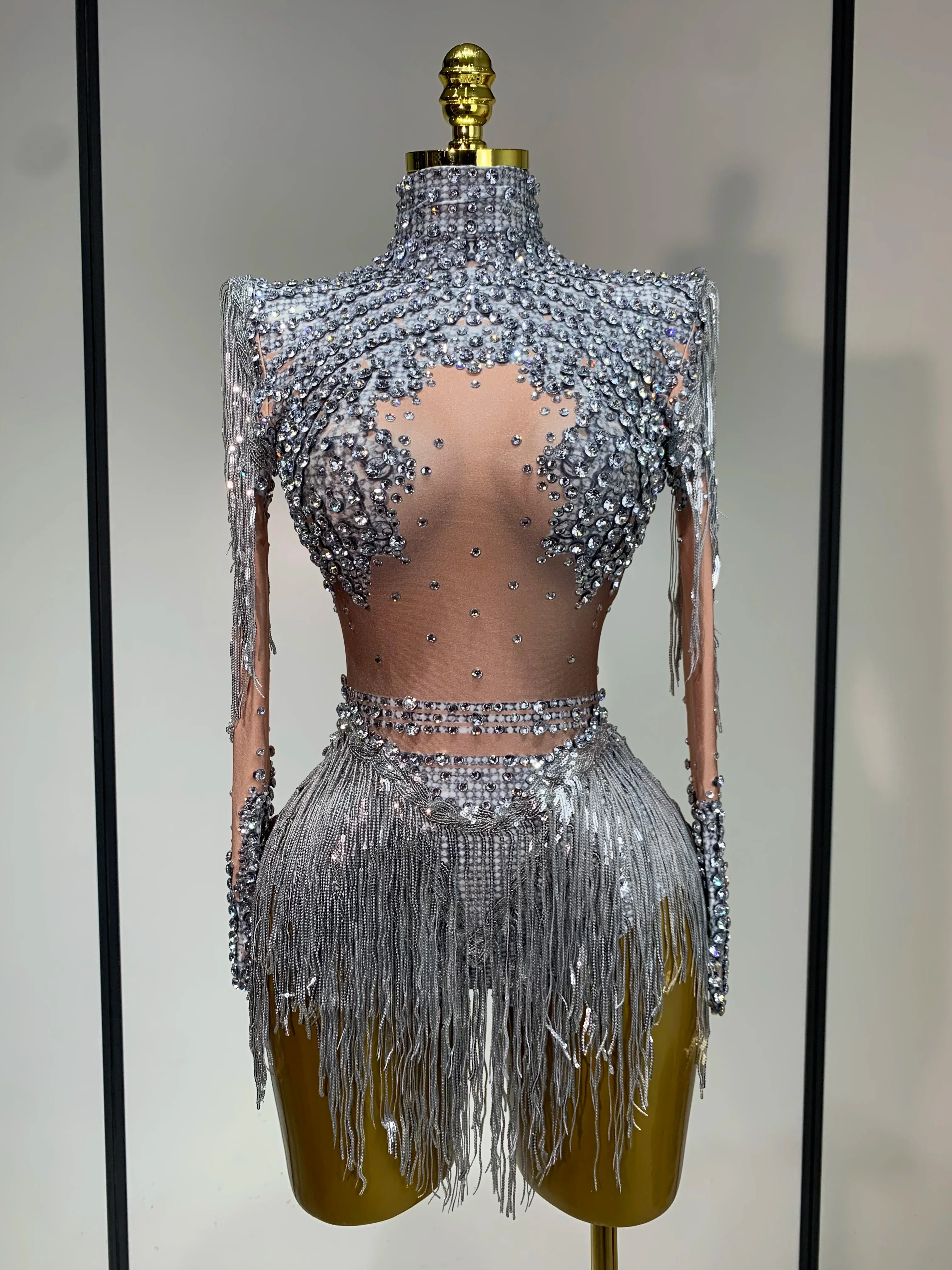 Women Long Sleeve Sexy Shinning Tassels Rhinestone Bodycon Bodysuit High Stretch Bar Dancer Nightclub Stage Wear Birthday Outfit - Image 7
