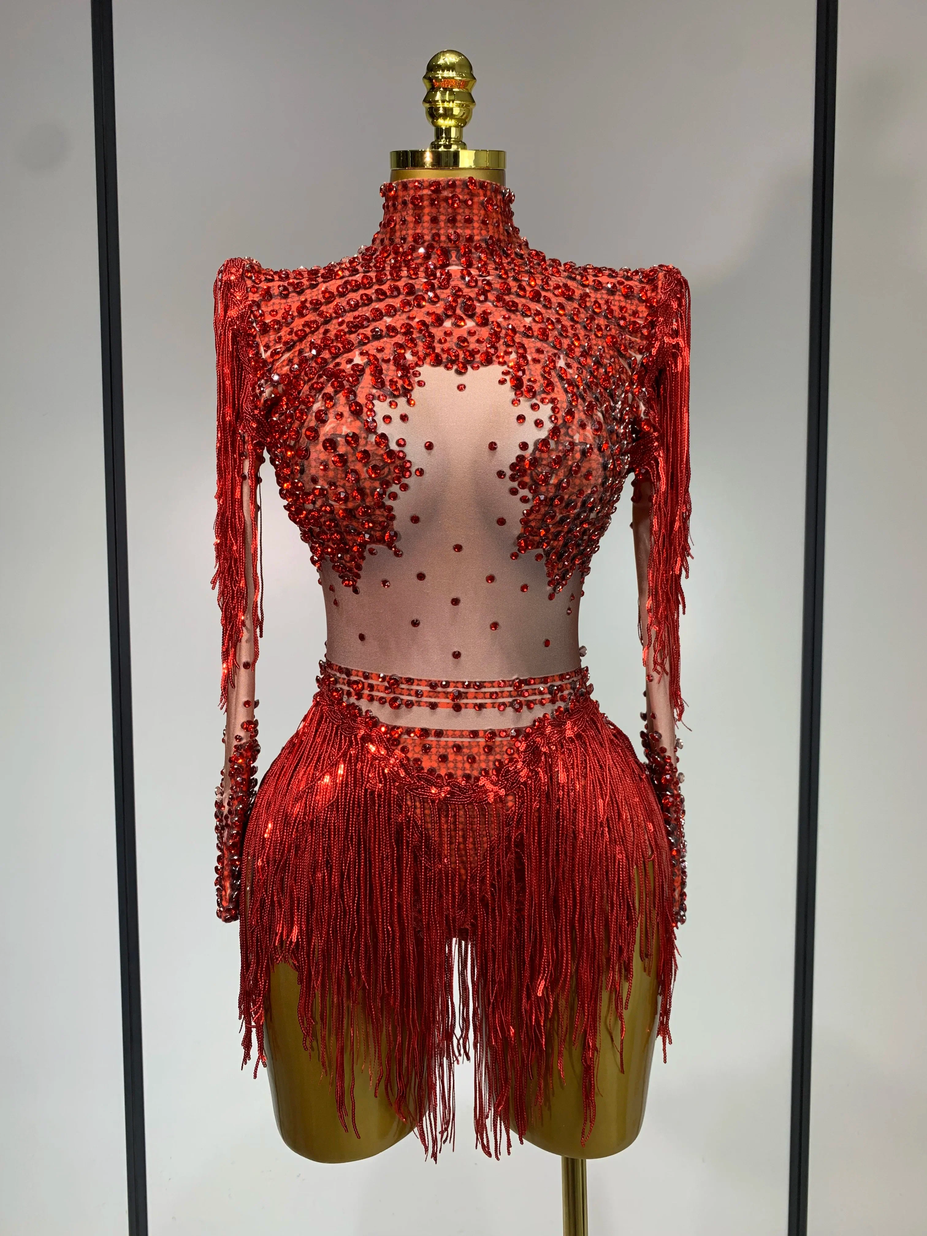 Women Long Sleeve Sexy Shinning Tassels Rhinestone Bodycon Bodysuit High Stretch Bar Dancer Nightclub Stage Wear Birthday Outfit - Image 8