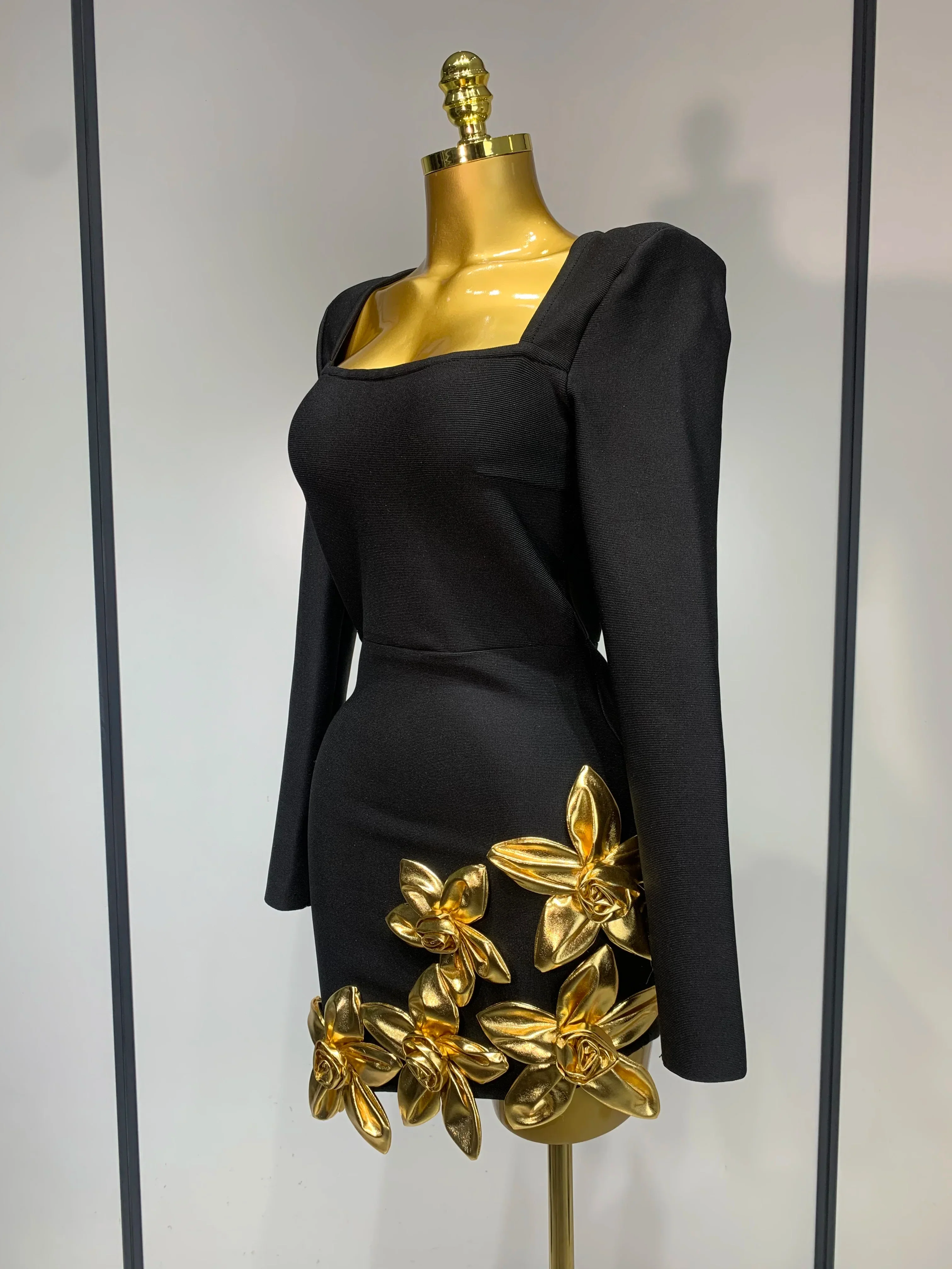 Women Long Sleeve Sexy Square Collar Gold Flower Bodycon Mini Bandage Dress Celebirty Elegant Nightclub Luxury Birthday Dresses - Image 2