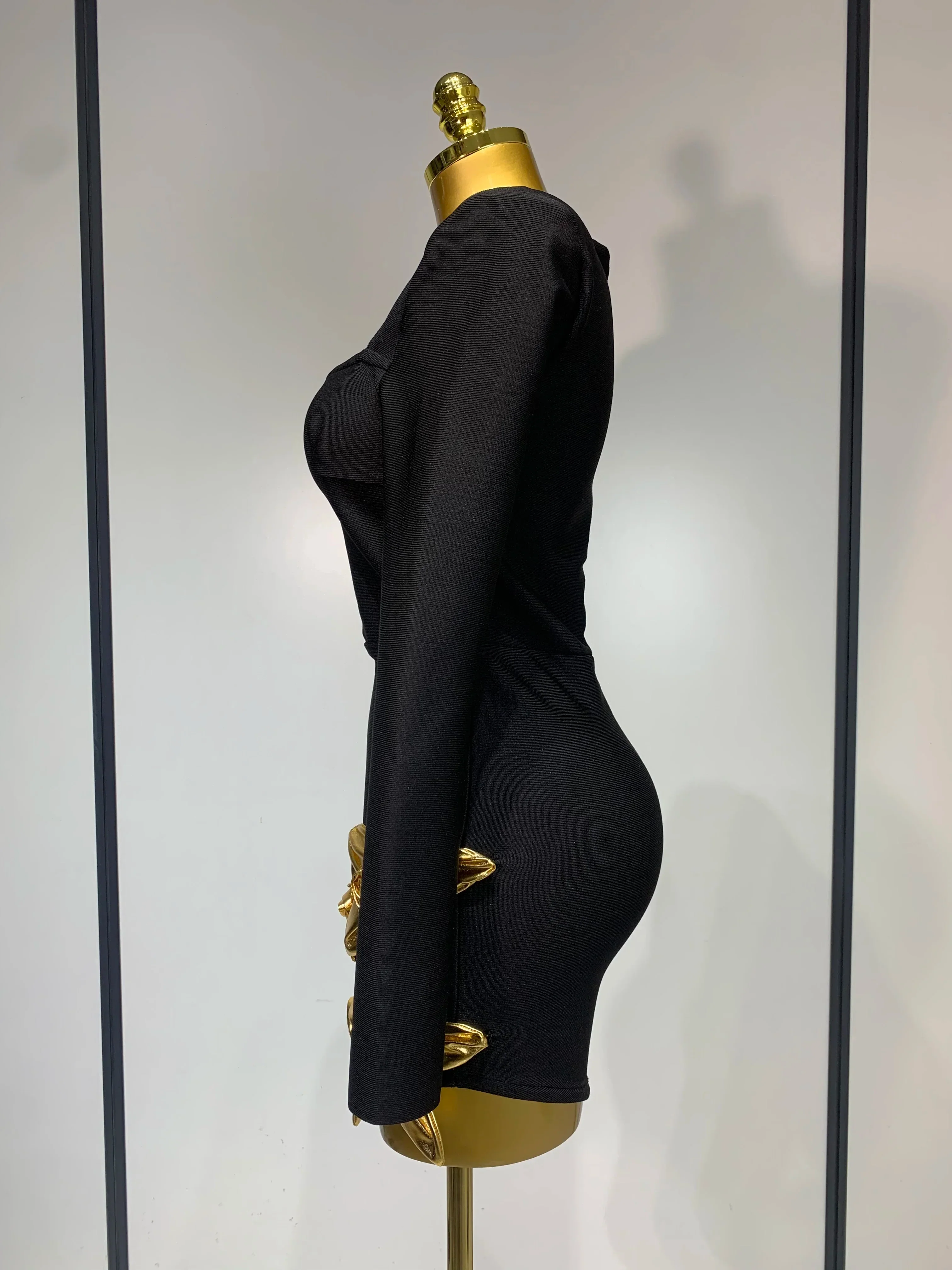 Women Long Sleeve Sexy Square Collar Gold Flower Bodycon Mini Bandage Dress Celebirty Elegant Nightclub Luxury Birthday Dresses - Image 3