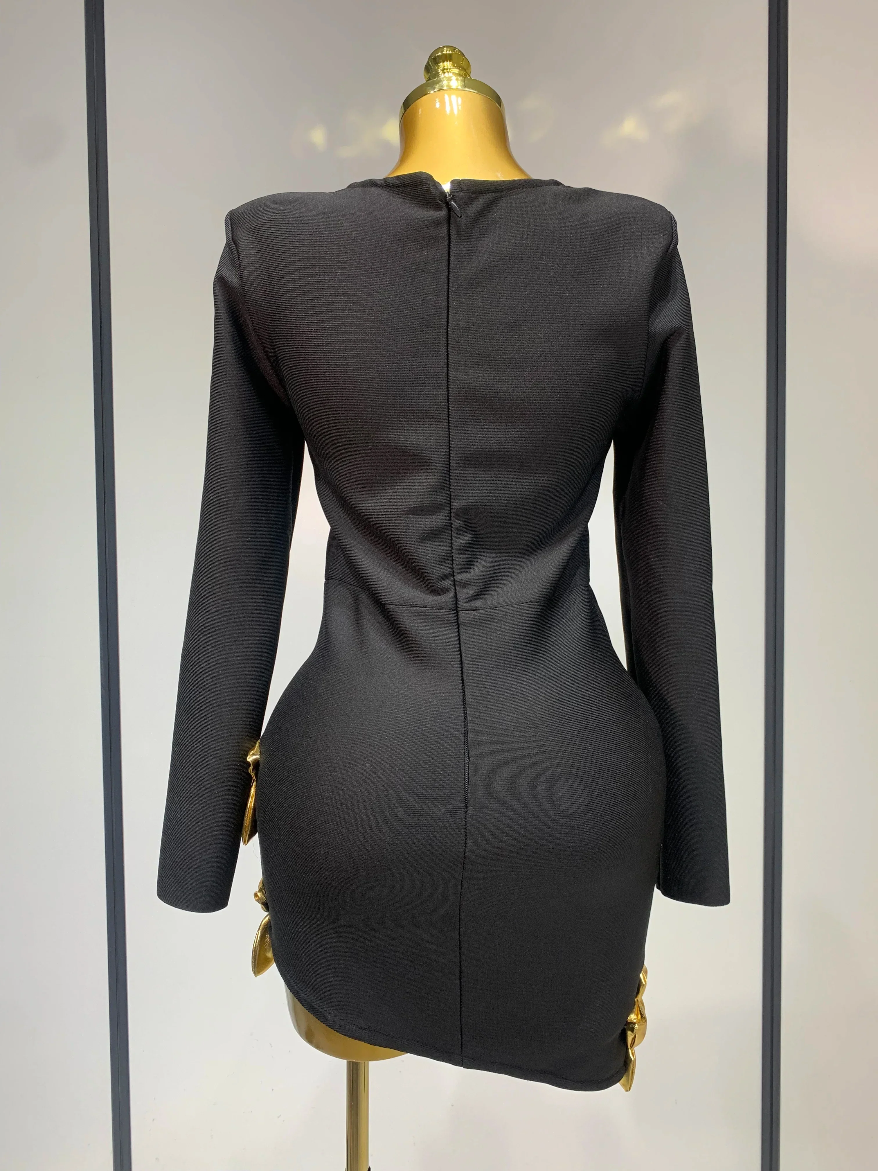 Women Long Sleeve Sexy Square Collar Gold Flower Bodycon Mini Bandage Dress Celebirty Elegant Nightclub Luxury Birthday Dresses - Image 4