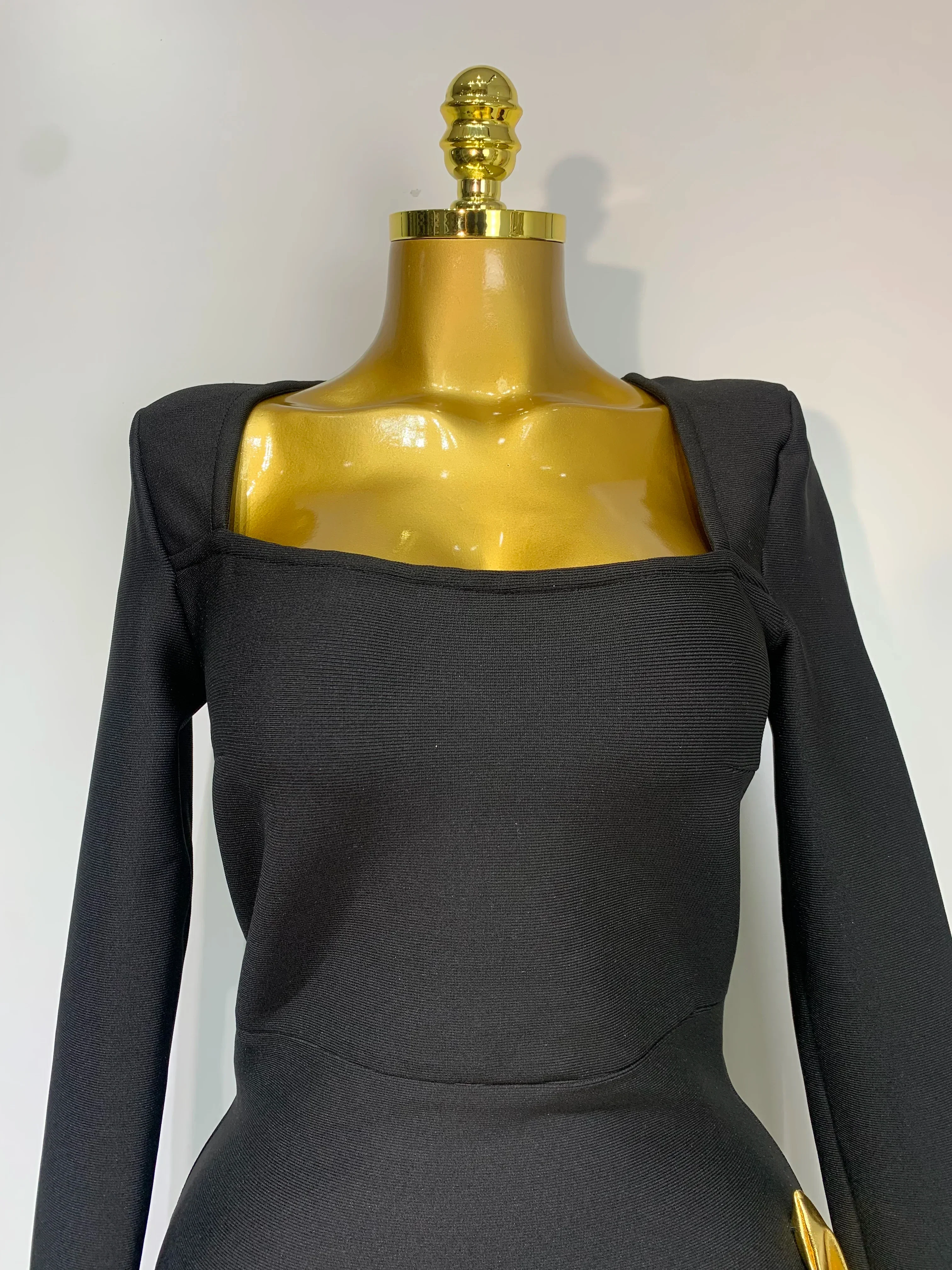 Women Long Sleeve Sexy Square Collar Gold Flower Bodycon Mini Bandage Dress Celebirty Elegant Nightclub Luxury Birthday Dresses - Image 5