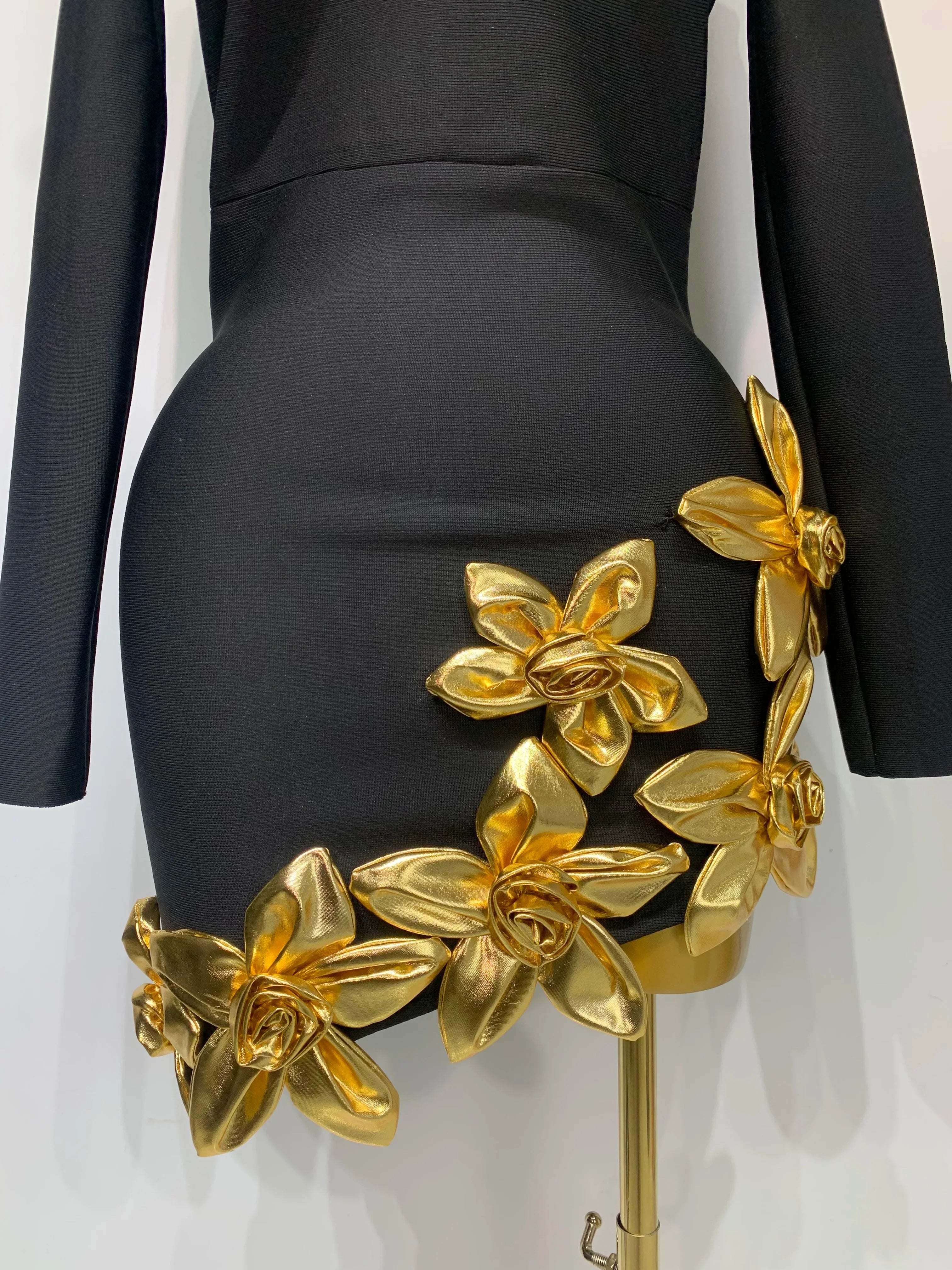 Women Long Sleeve Sexy Square Collar Gold Flower Bodycon Mini Bandage Dress Celebirty Elegant Nightclub Luxury Birthday Dresses - Image 6