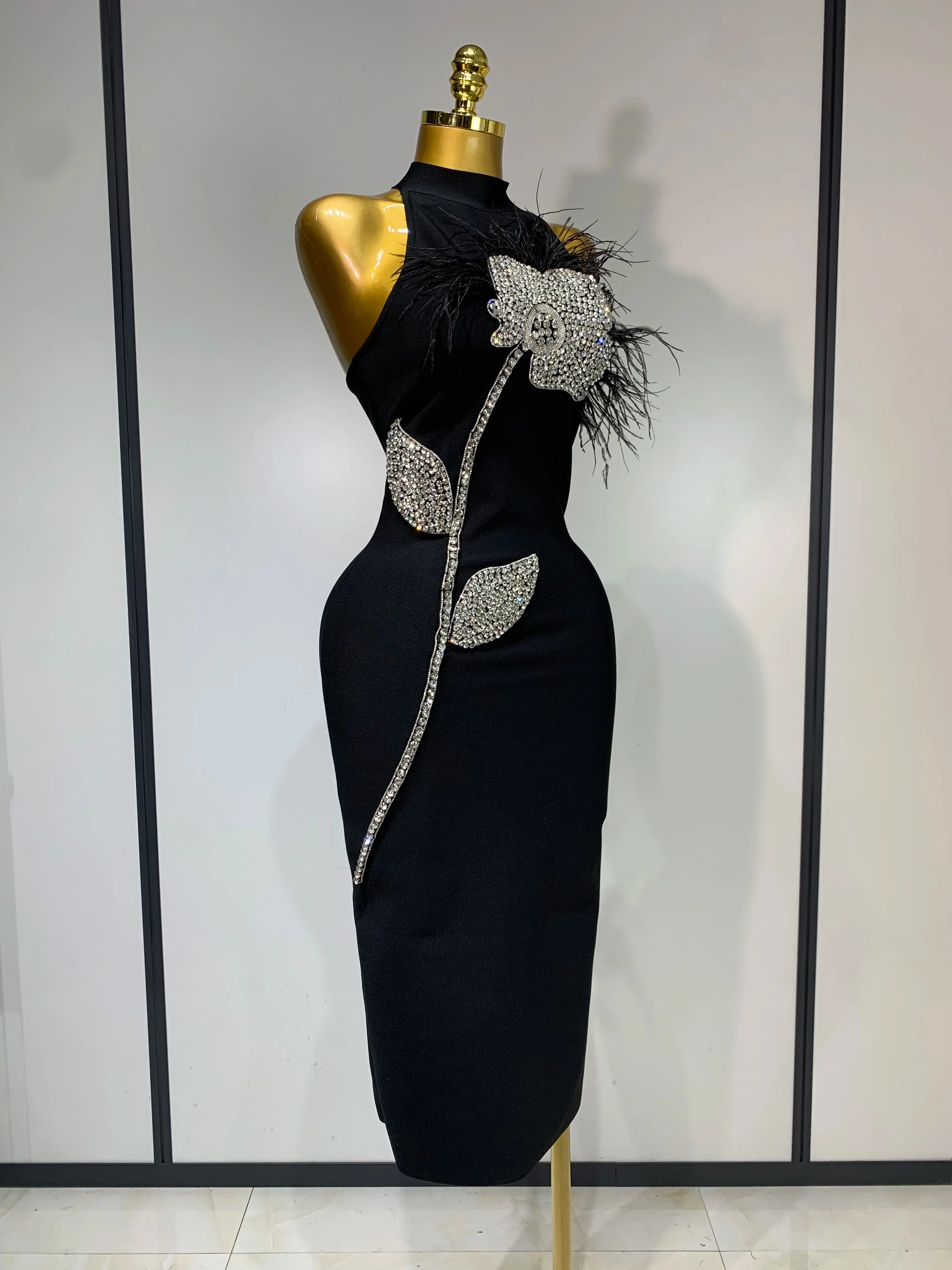 Women Luxury Diamonds Feather Black Bodycon Bandage Dress Celebrity Elegant Evening Party Birthday Nightclub Dresses - Image 2