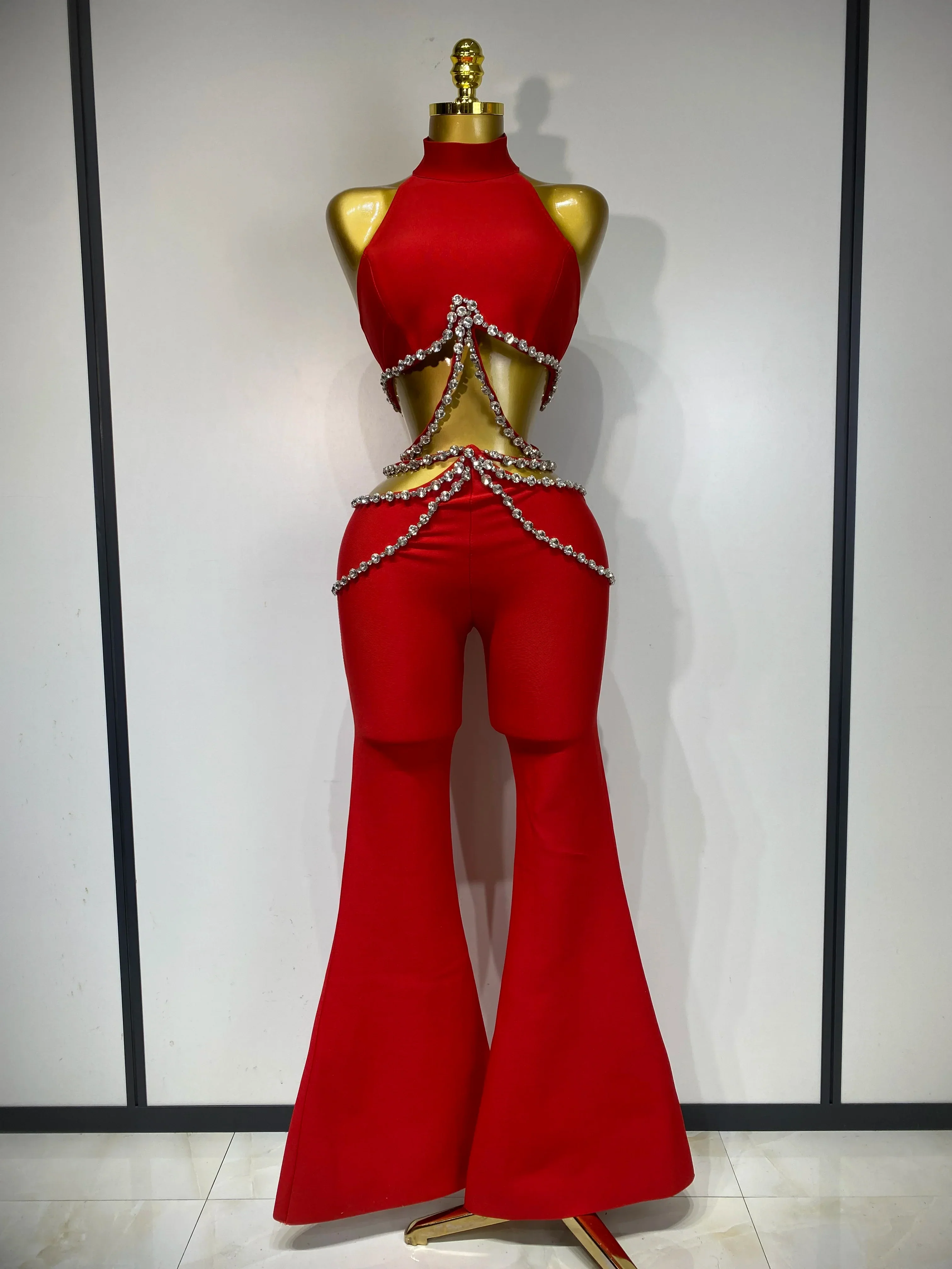 Women Luxury Rhinestone Red Sexy Cut Out Two Piece Pants Bandage Set Celebrity Designer Fashion Women's Set Stage Outfit