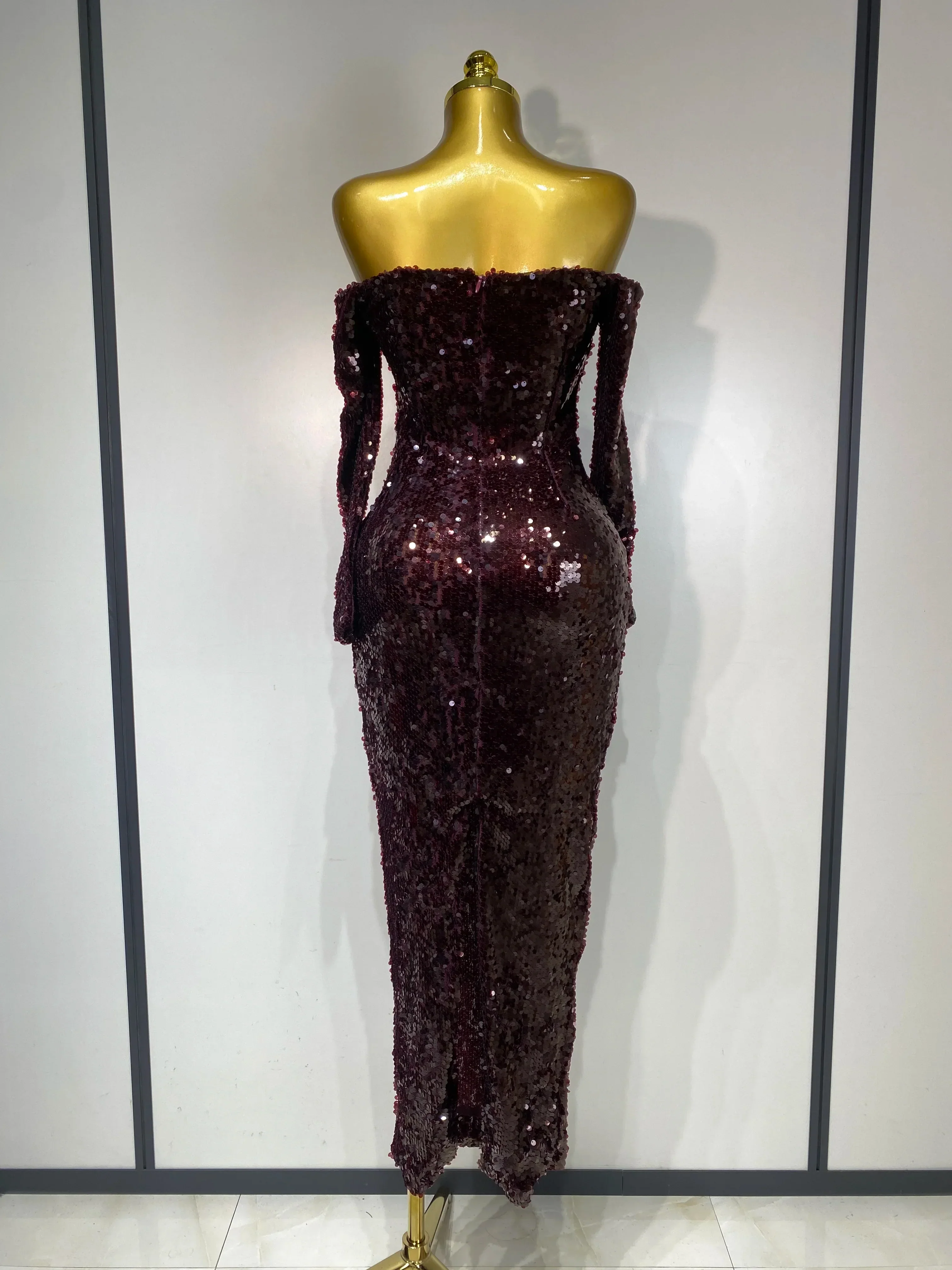 Women  Luxury Sequin Celebrity Sexy Off Shoulder Long Bodycon Dress Elegant Evening Club Party  Fashion Birthday Dresses - Image 4
