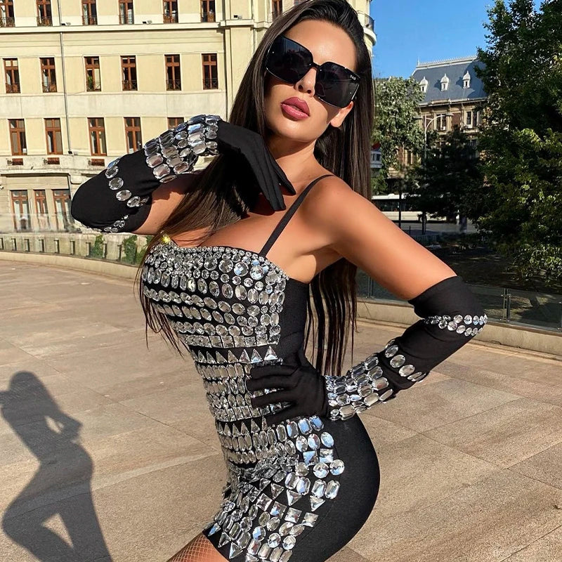 Women Luxury Sexy Crystal Beading Women Sleeveless Sexy Bodycon Mini Dress Gloves Nightclub Party Celebrate Birthday Dress - Image 2