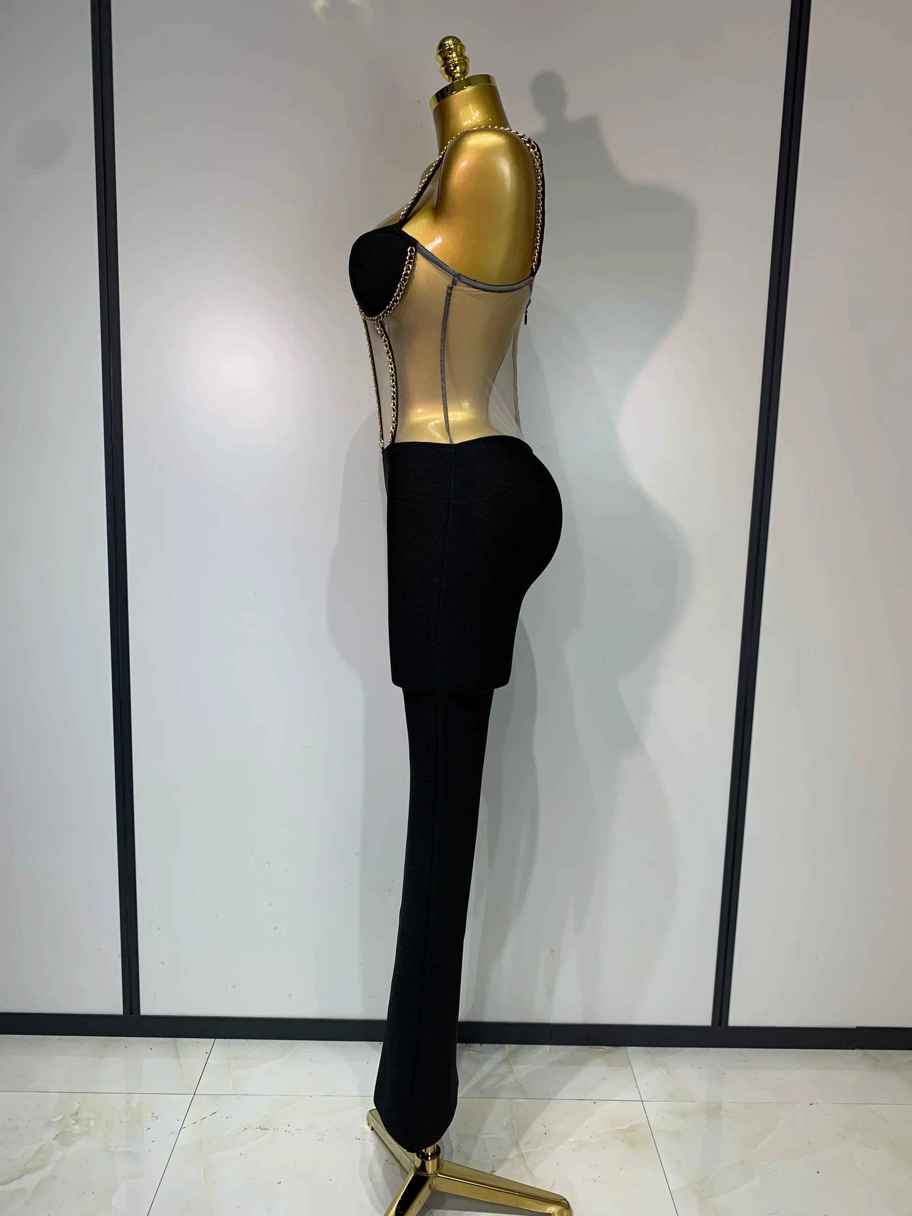 Women Luxury Sexy Sleeveless Mesh Chain Black Bodycon Bandage Jumpsuit  Fashion Party Celebrity Designer High Street Rompers - Image 3
