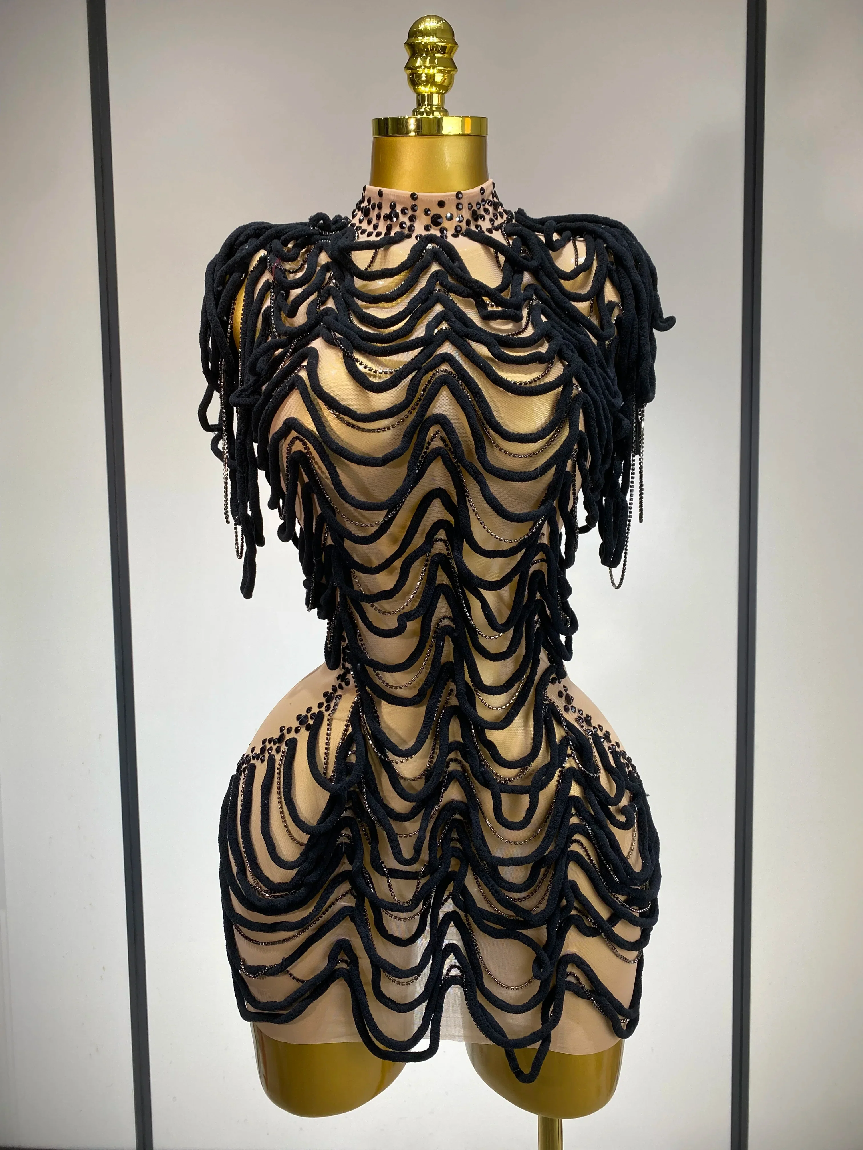 Women Mesh Elastic Sexy Tight Fitting Sparkly Diamond Chain Short Dress Nightclub Luxury Birthday Stage Performance Costumes - Image 7