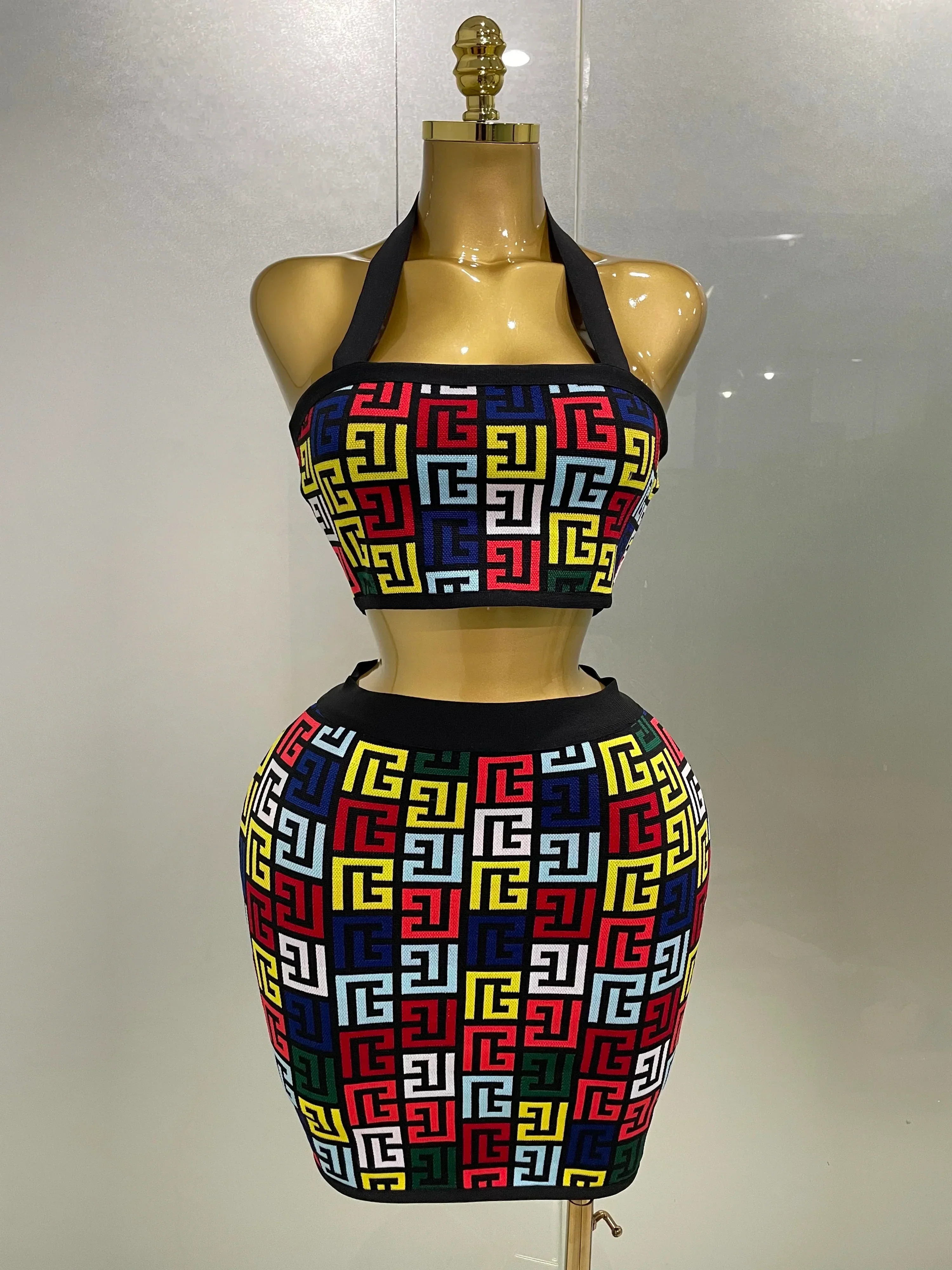 Women  Sexy Backless Halter Jacquard Two Piece Mini Skirt Bandage Set Celebrity Designer Evening Party Women's Set