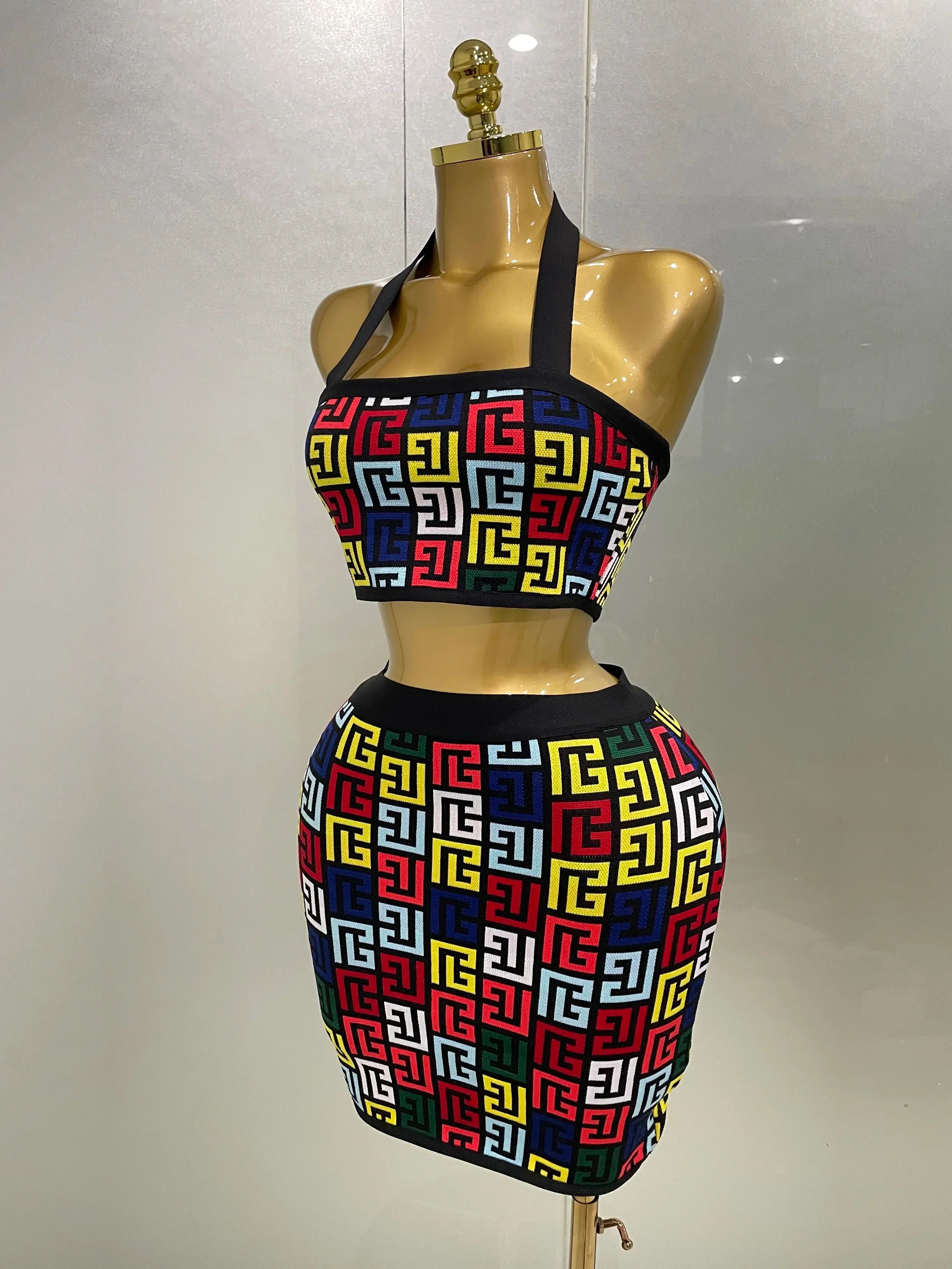 Women  Sexy Backless Halter Jacquard Two Piece Mini Skirt Bandage Set Celebrity Designer Evening Party Women's Set - Image 2