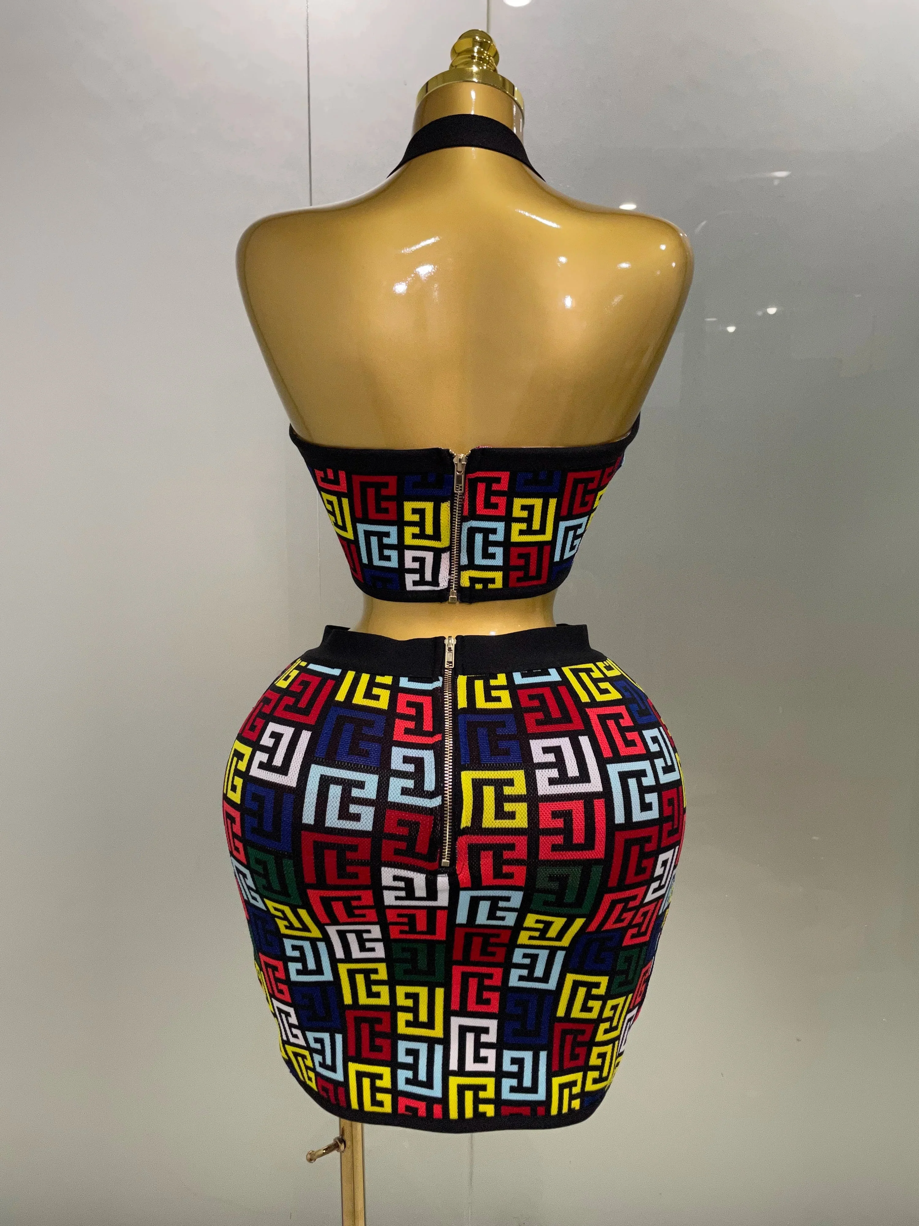 Women  Sexy Backless Halter Jacquard Two Piece Mini Skirt Bandage Set Celebrity Designer Evening Party Women's Set - Image 3