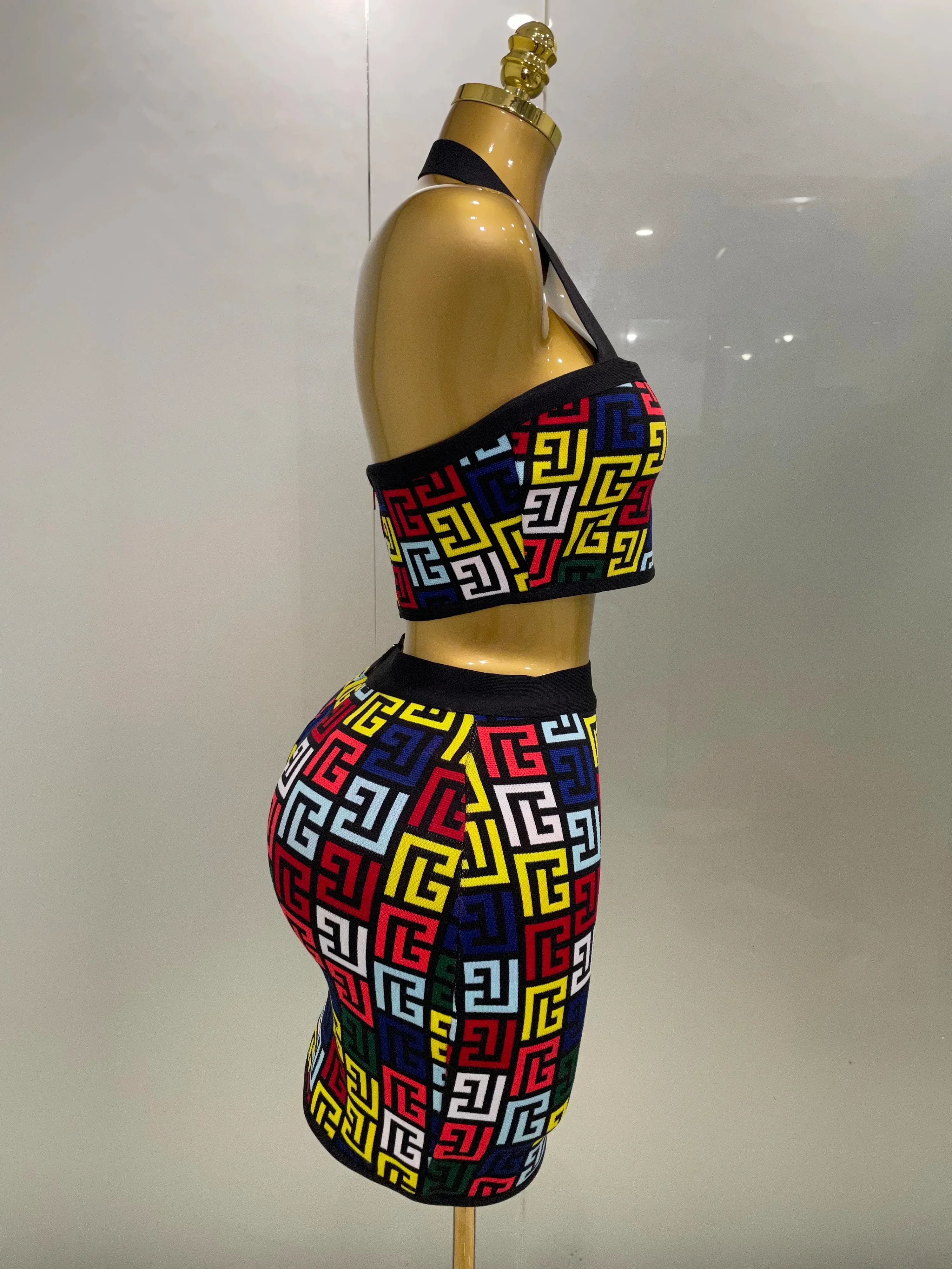 Women  Sexy Backless Halter Jacquard Two Piece Mini Skirt Bandage Set Celebrity Designer Evening Party Women's Set - Image 4