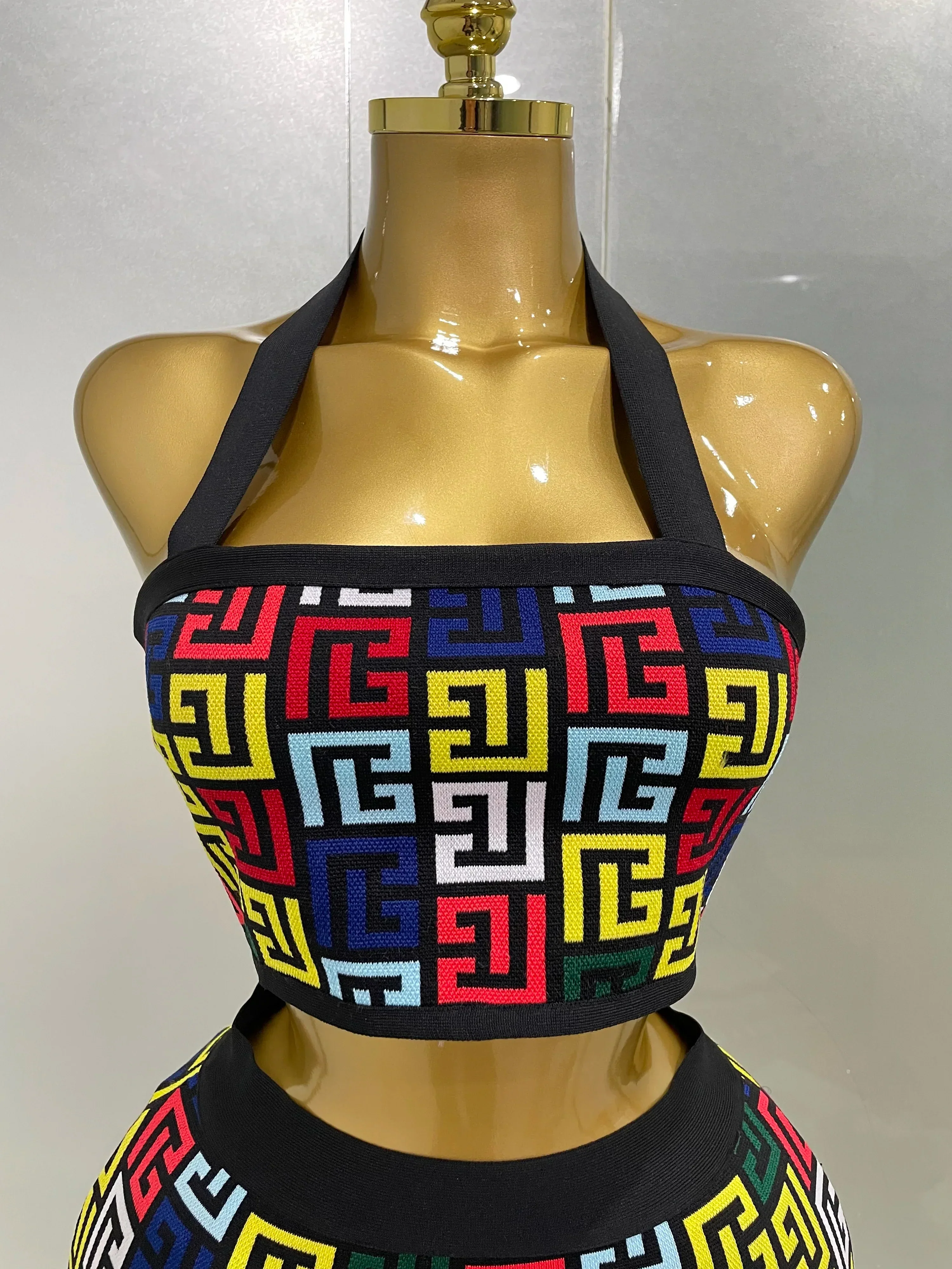 Women  Sexy Backless Halter Jacquard Two Piece Mini Skirt Bandage Set Celebrity Designer Evening Party Women's Set - Image 5
