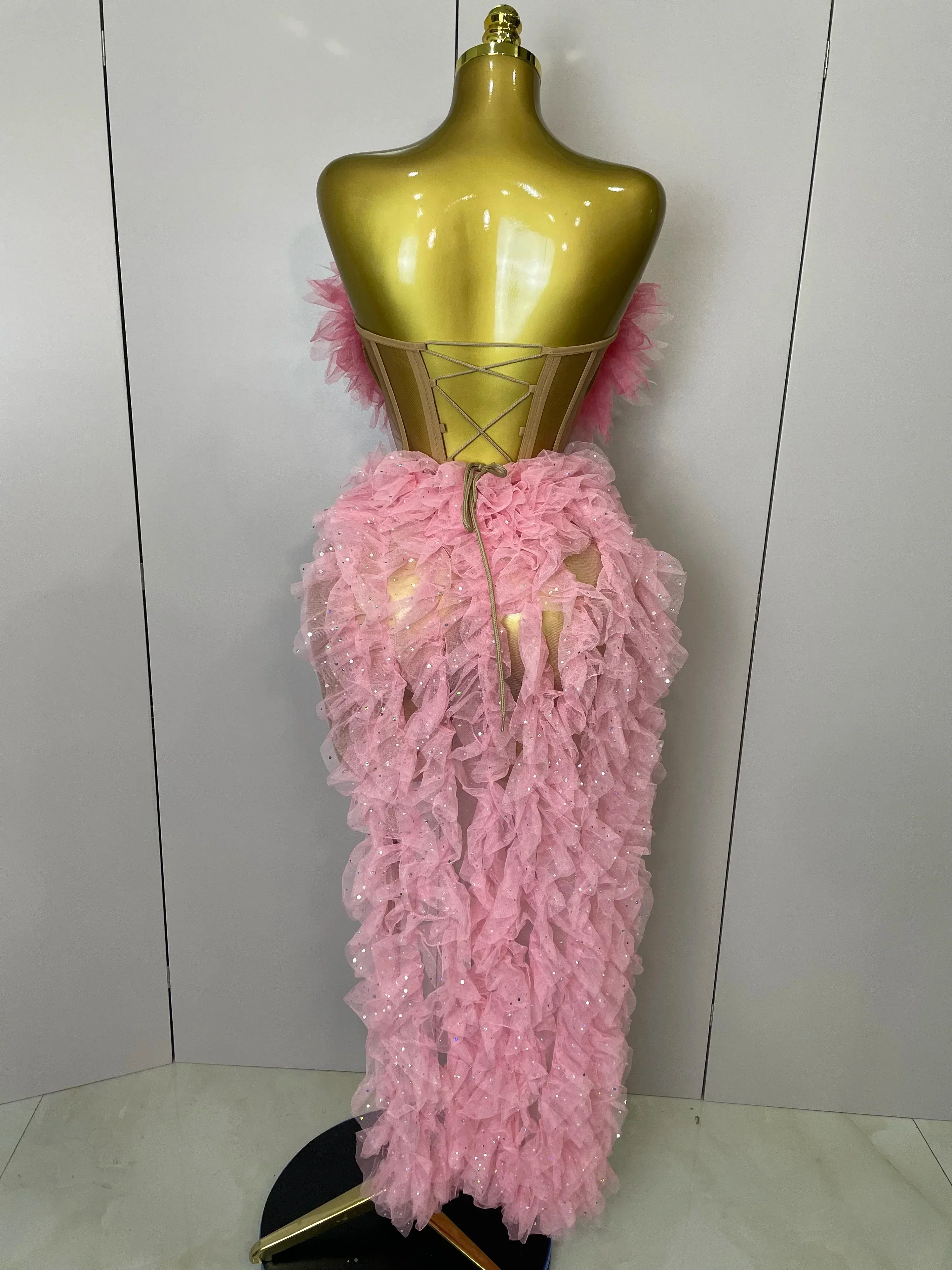 Women Pink Ruffles Sexy Strapless Mini Tops 2 PCS Set Dress Nightclub Bar Birthday Party Evening Stage Performance Costume - Image 3