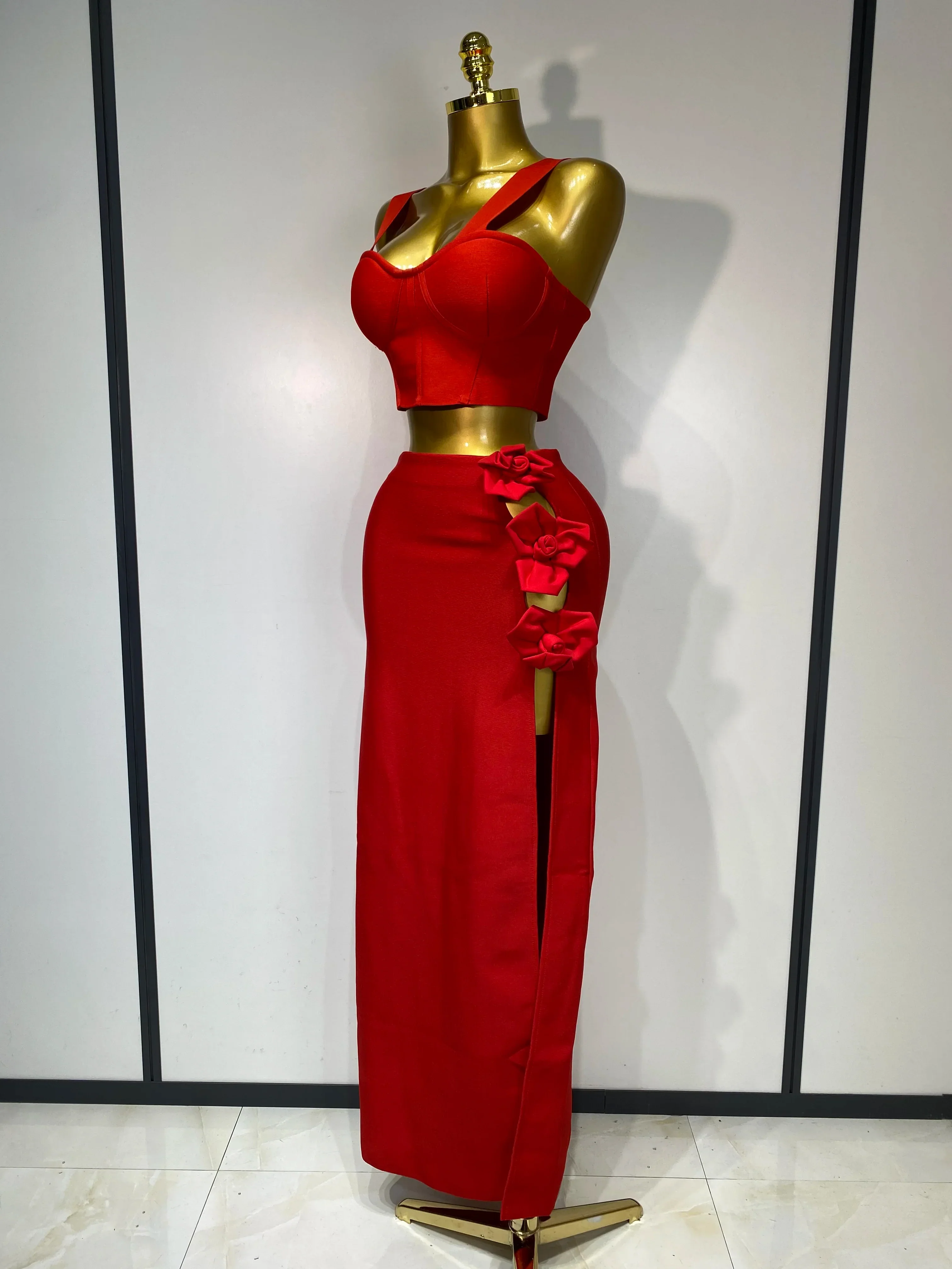 Women Red Top Flower Skirt Two Piece Set Evening Party Nightclub Elegant Host Tight Sexy Club Bodycon Bandage Long Skirt - Image 2